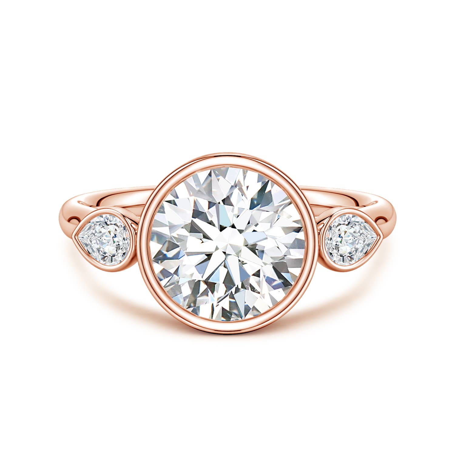 9.2mm FGVS Bezel-Set Round and Pear Lab-Grown Diamond Three-Stone Engagement Ring in Rose Gold