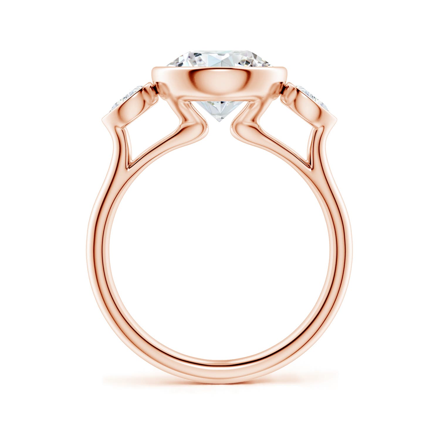 9.2mm FGVS Bezel-Set Round and Pear Lab-Grown Diamond Three-Stone Engagement Ring in Rose Gold