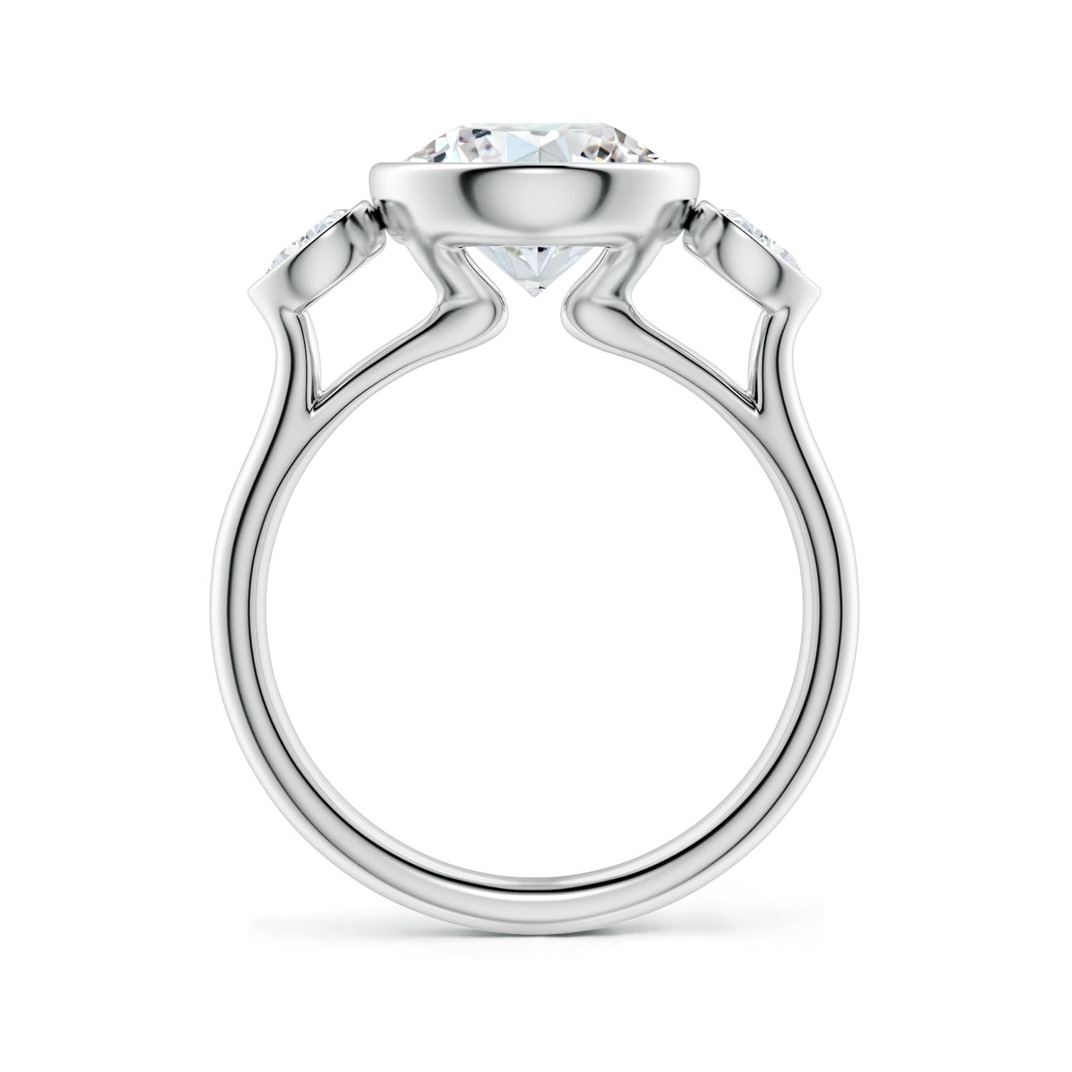 9.2mm FGVS Bezel-Set Round and Pear Lab-Grown Diamond Three-Stone Engagement Ring in White Gold