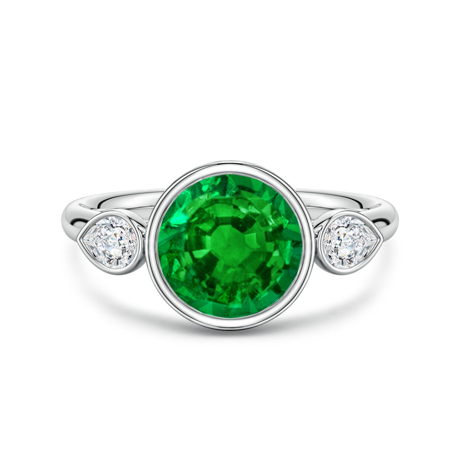 8mm Labgrown Lab-Grown Round Emerald and Pear Diamond Three-Stone Engagement Ring in 18K White Gold
