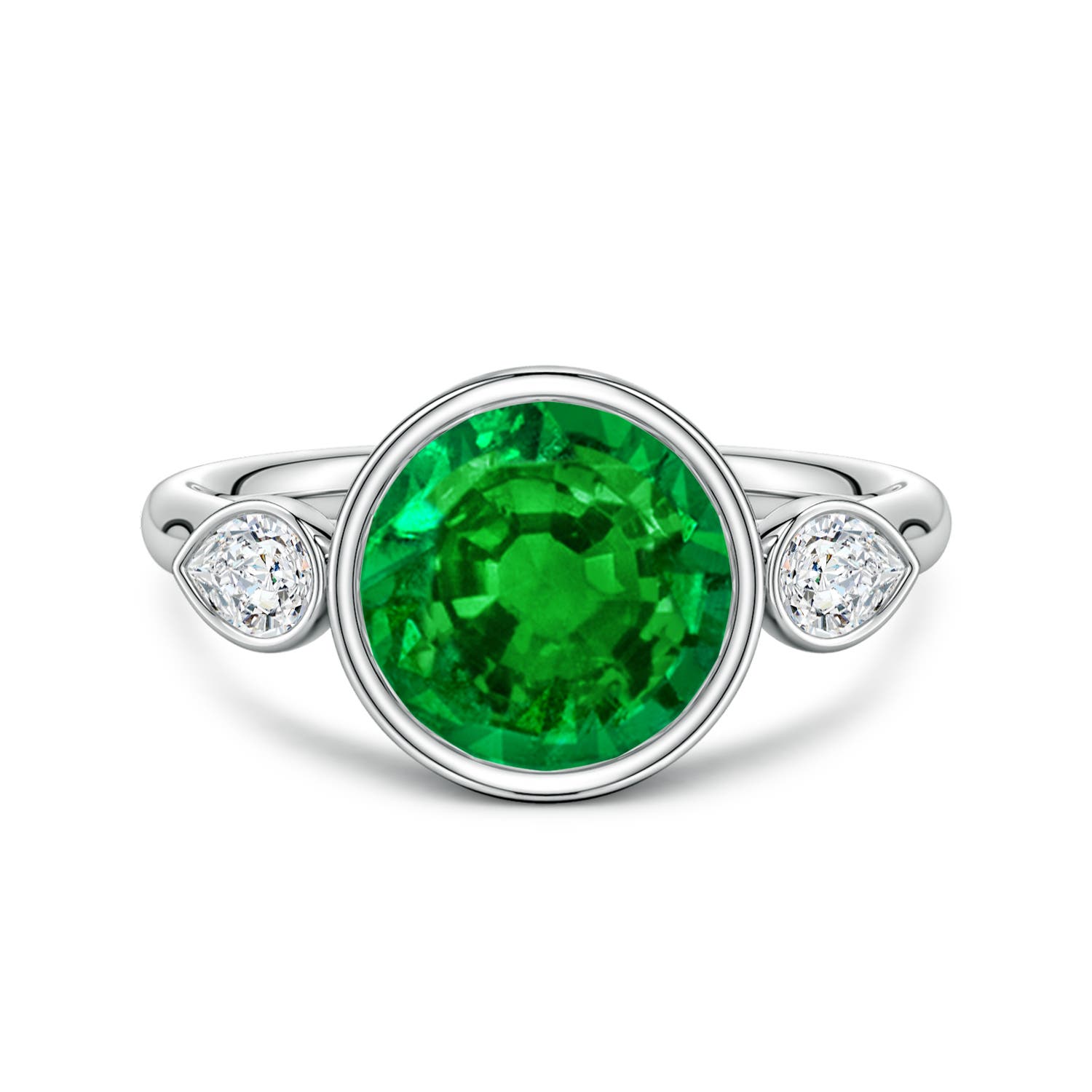 9mm Labgrown Lab-Grown Round Emerald and Pear Diamond Three-Stone Engagement Ring in White Gold