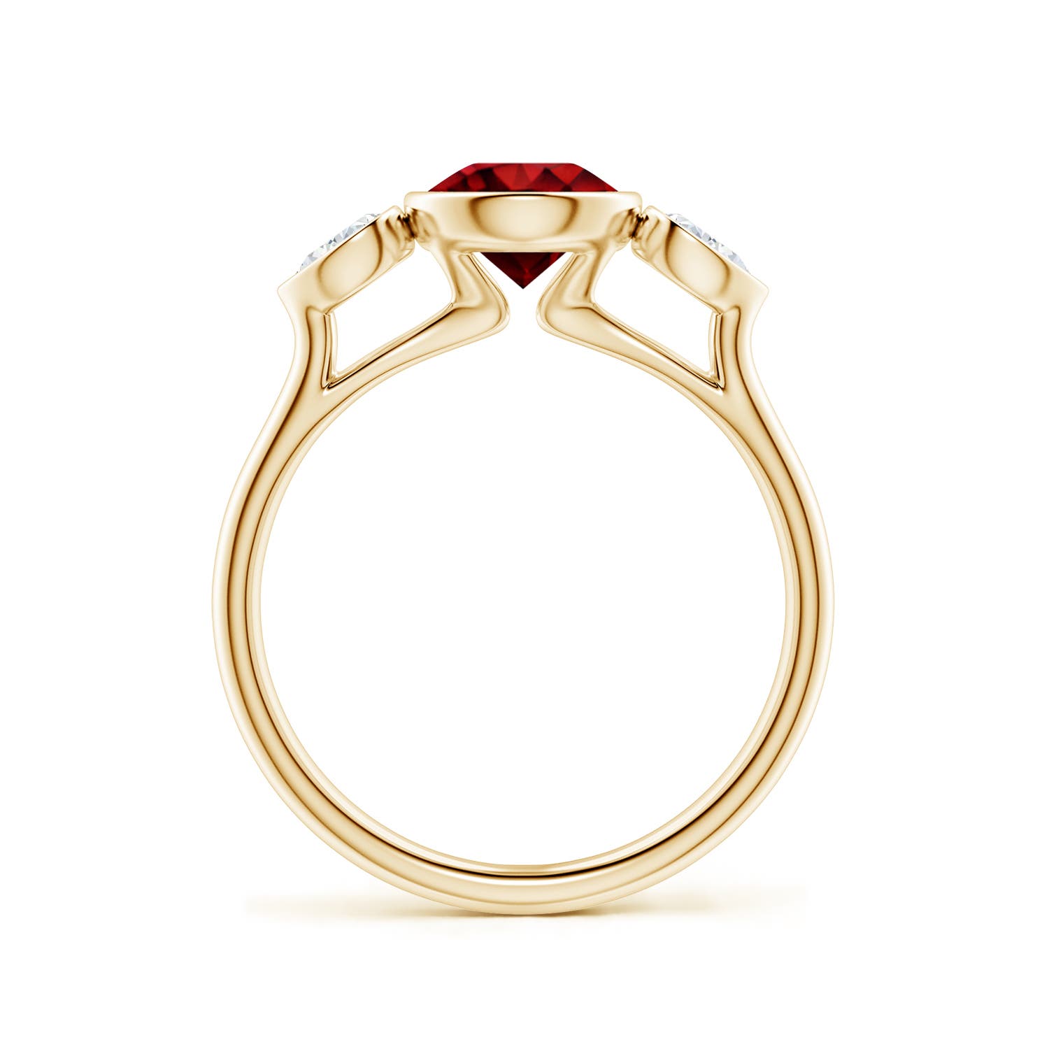 6.5mm Labgrown Lab-Grown Round Ruby and Pear Diamond Three-Stone Engagement Ring in 18K Yellow Gold