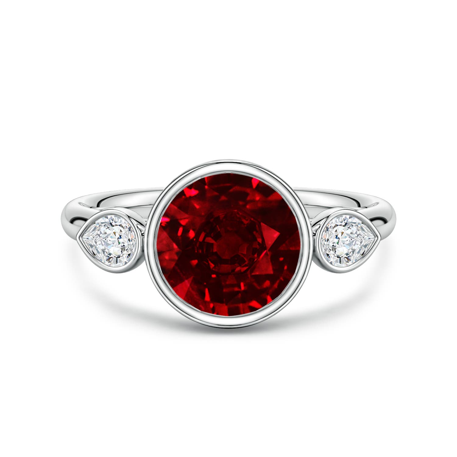 8mm Labgrown Lab-Grown Round Ruby and Pear Diamond Three-Stone Engagement Ring in 18K White Gold