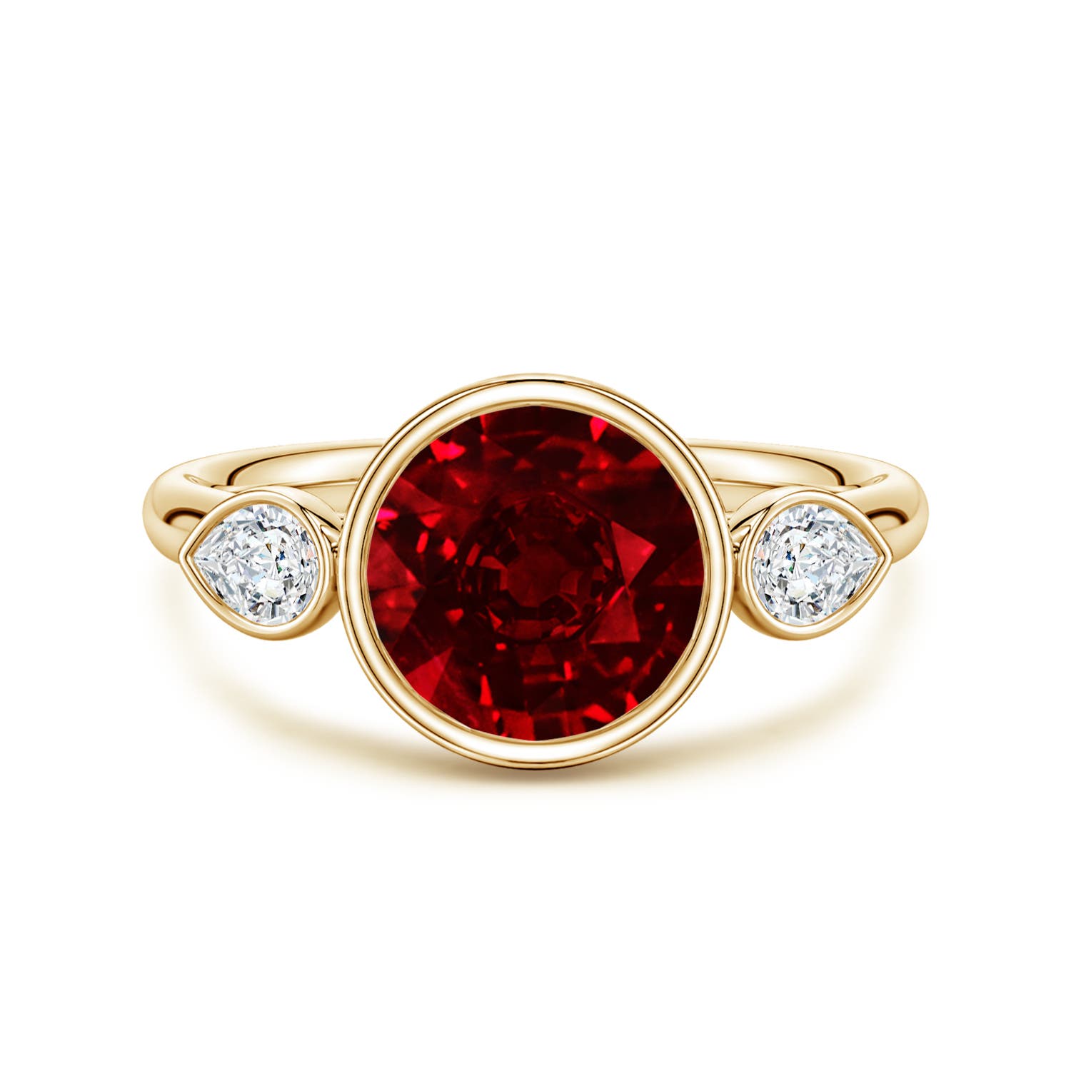 8mm Labgrown Lab-Grown Round Ruby and Pear Diamond Three-Stone Engagement Ring in 18K Yellow Gold