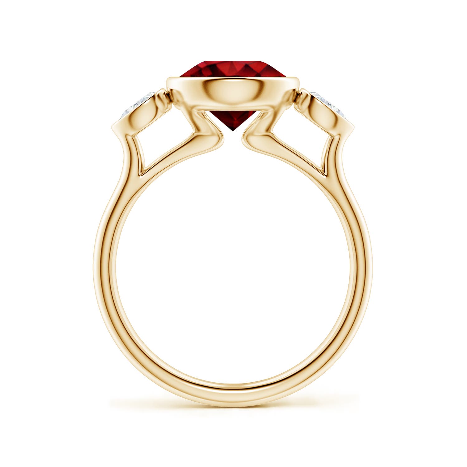 8mm Labgrown Lab-Grown Round Ruby and Pear Diamond Three-Stone Engagement Ring in 18K Yellow Gold