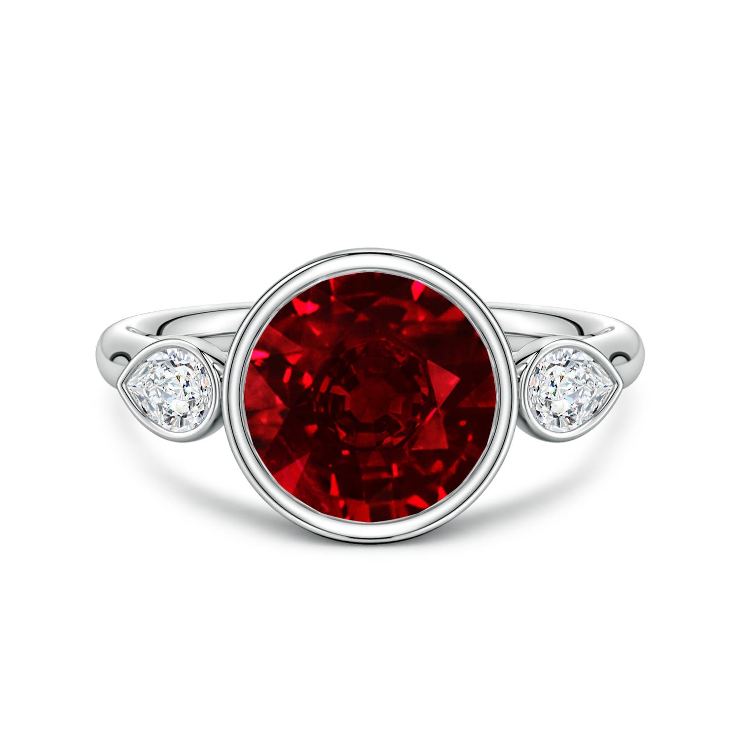 9mm Labgrown Lab-Grown Round Ruby and Pear Diamond Three-Stone Engagement Ring in White Gold