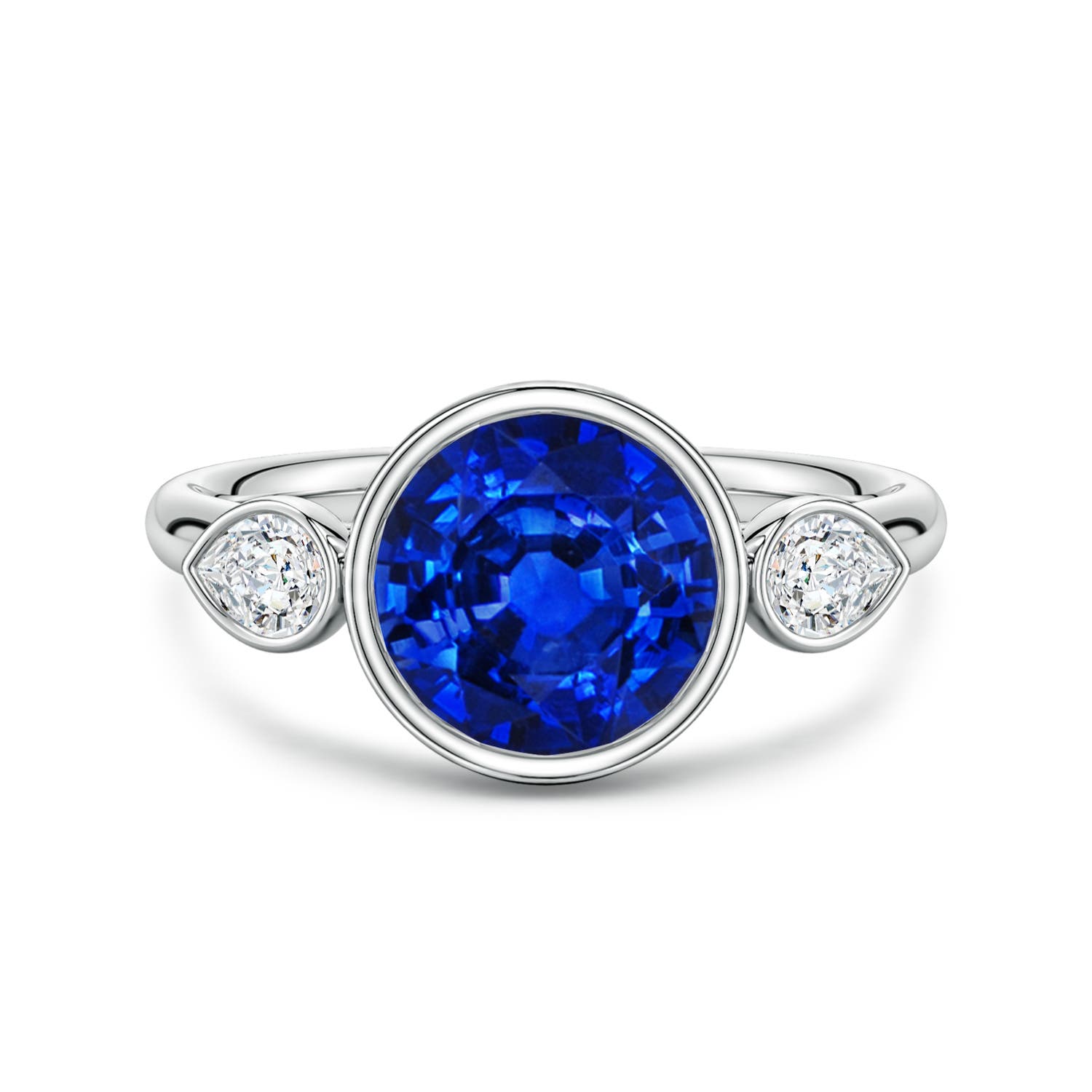 8mm Labgrown Lab-Grown Round Blue Sapphire and Pear Diamond Three-Stone Engagement Ring in White Gold