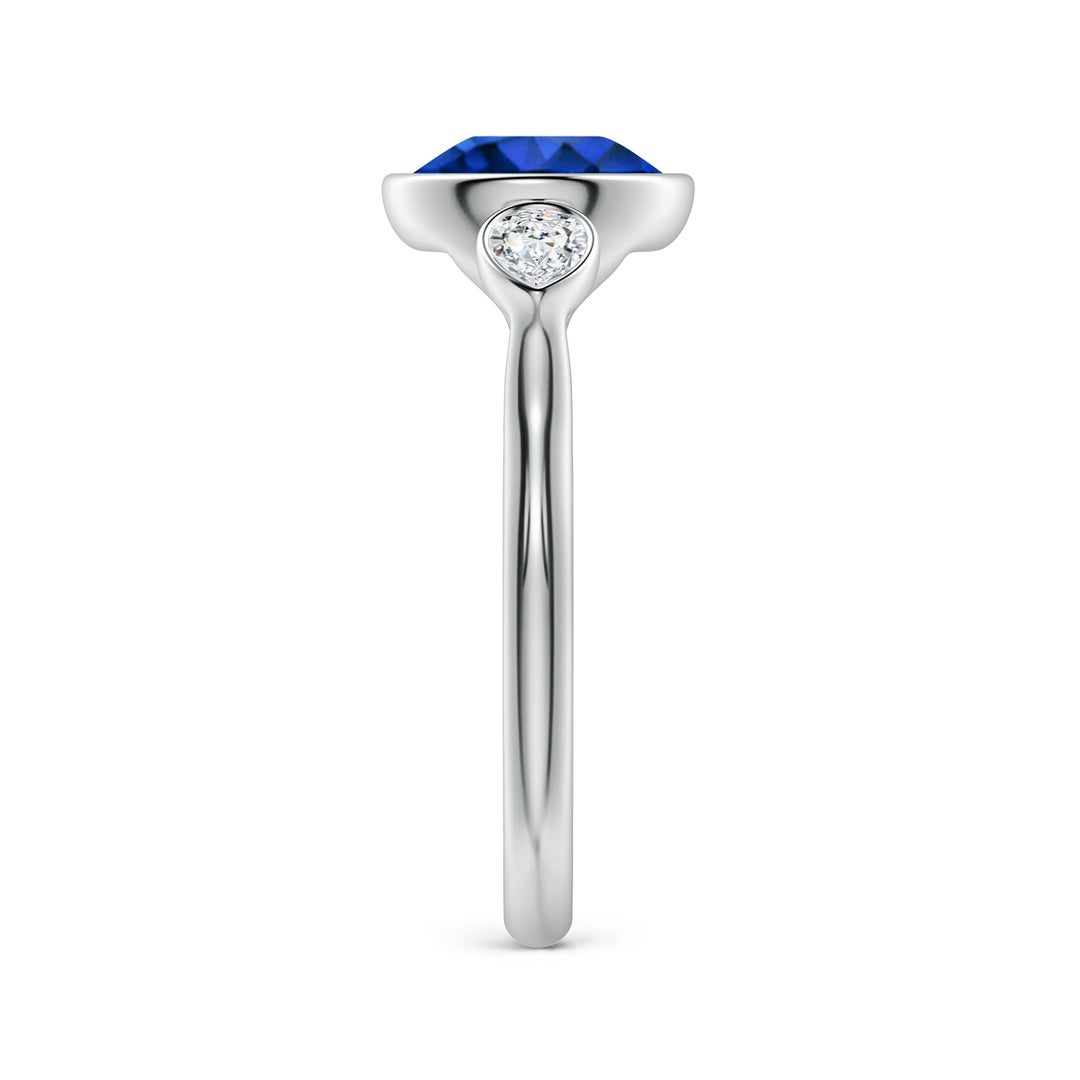 8mm Labgrown Lab-Grown Round Blue Sapphire and Pear Diamond Three-Stone Engagement Ring in White Gold - side 4