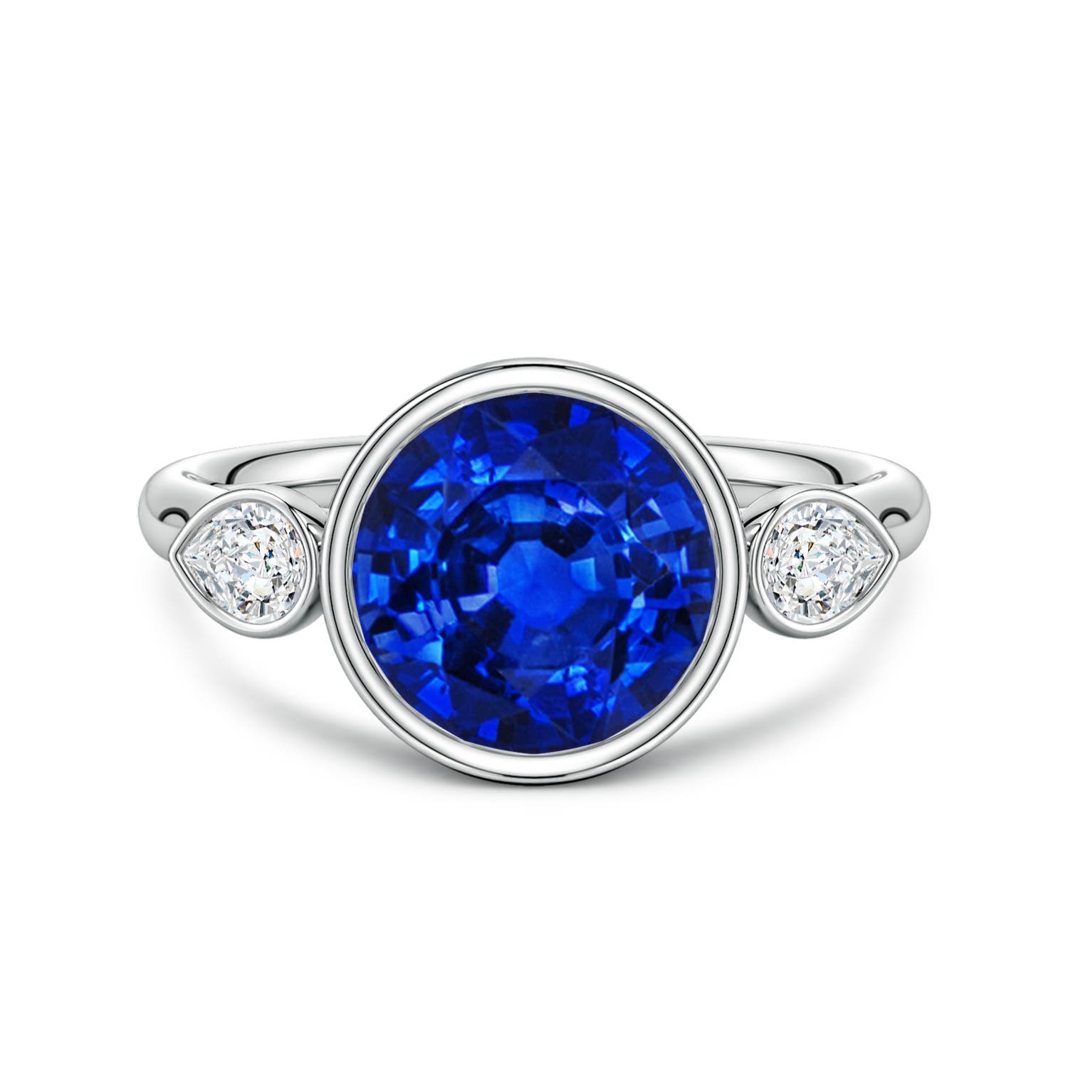 9mm Labgrown Lab-Grown Round Blue Sapphire and Pear Diamond Three-Stone Engagement Ring in White Gold