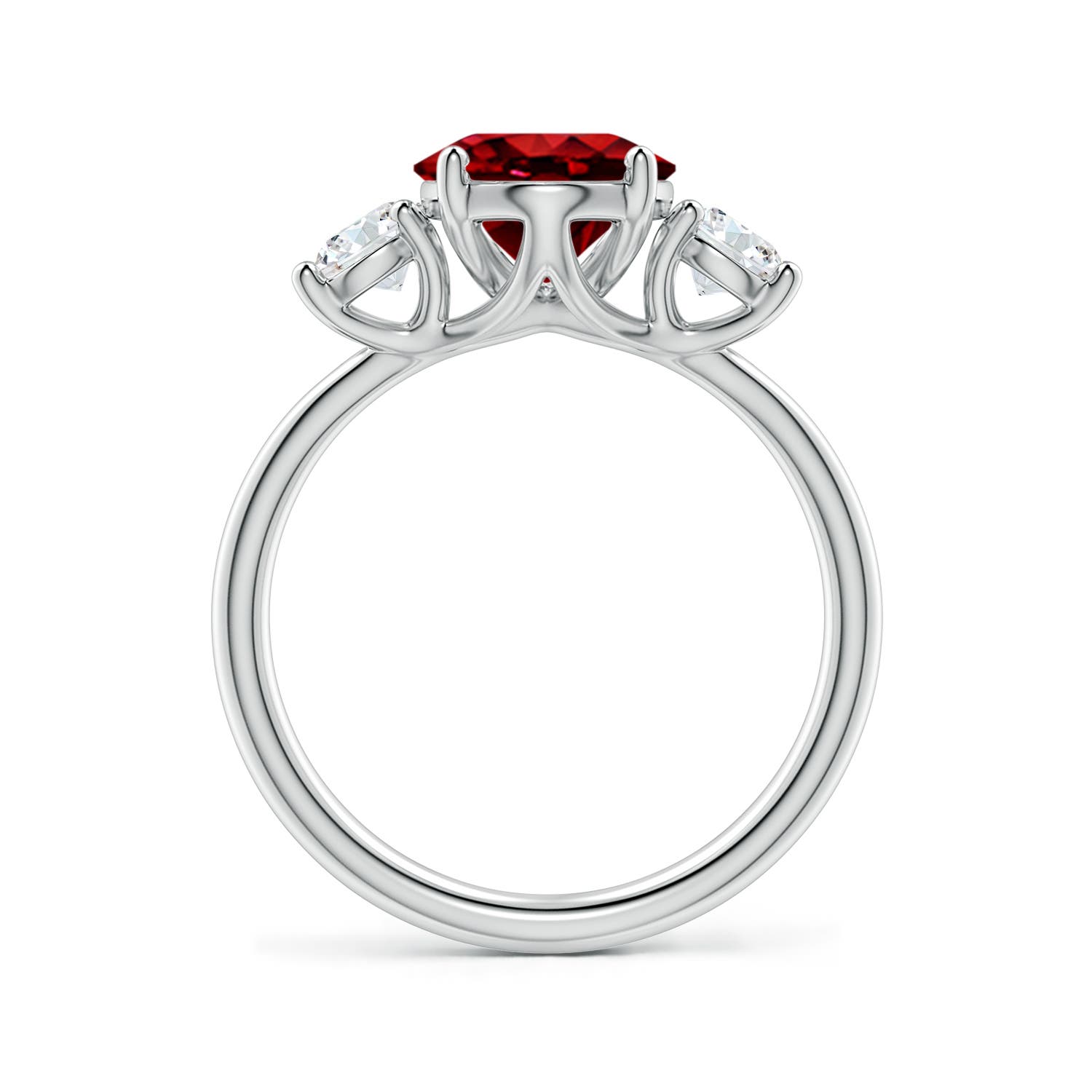 10x8mm Labgrown Lab-Grown Oval Ruby and Round Diamond Three-Stone Engagement Ring in 18K White Gold
