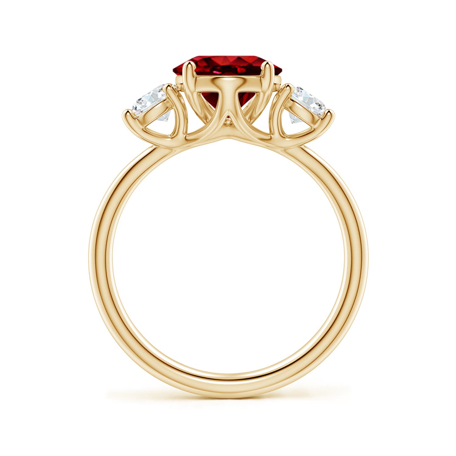 10x8mm Labgrown Lab-Grown Oval Ruby and Round Diamond Three-Stone Engagement Ring in 18K Yellow Gold