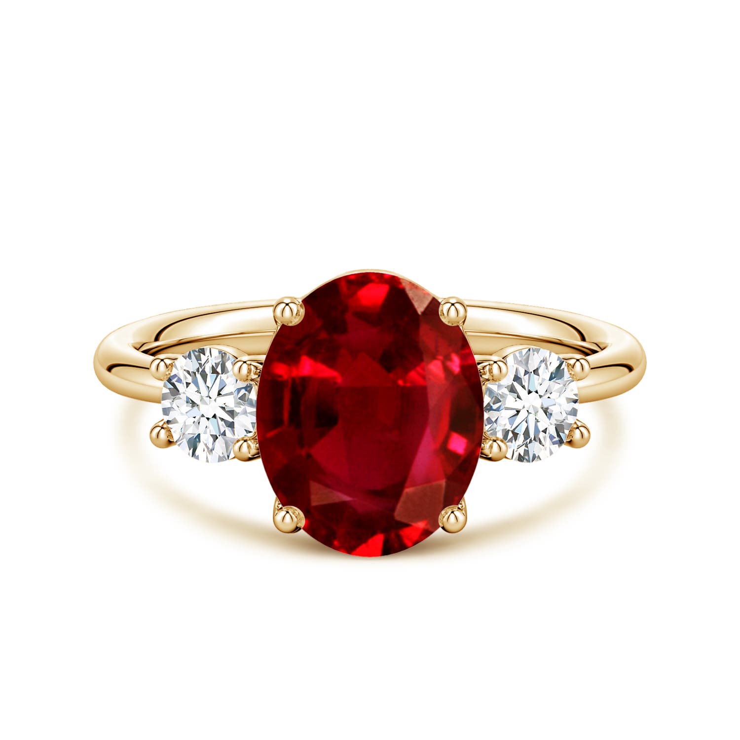 10x8mm Labgrown Lab-Grown Oval Ruby and Round Diamond Three-Stone Engagement Ring in Yellow Gold