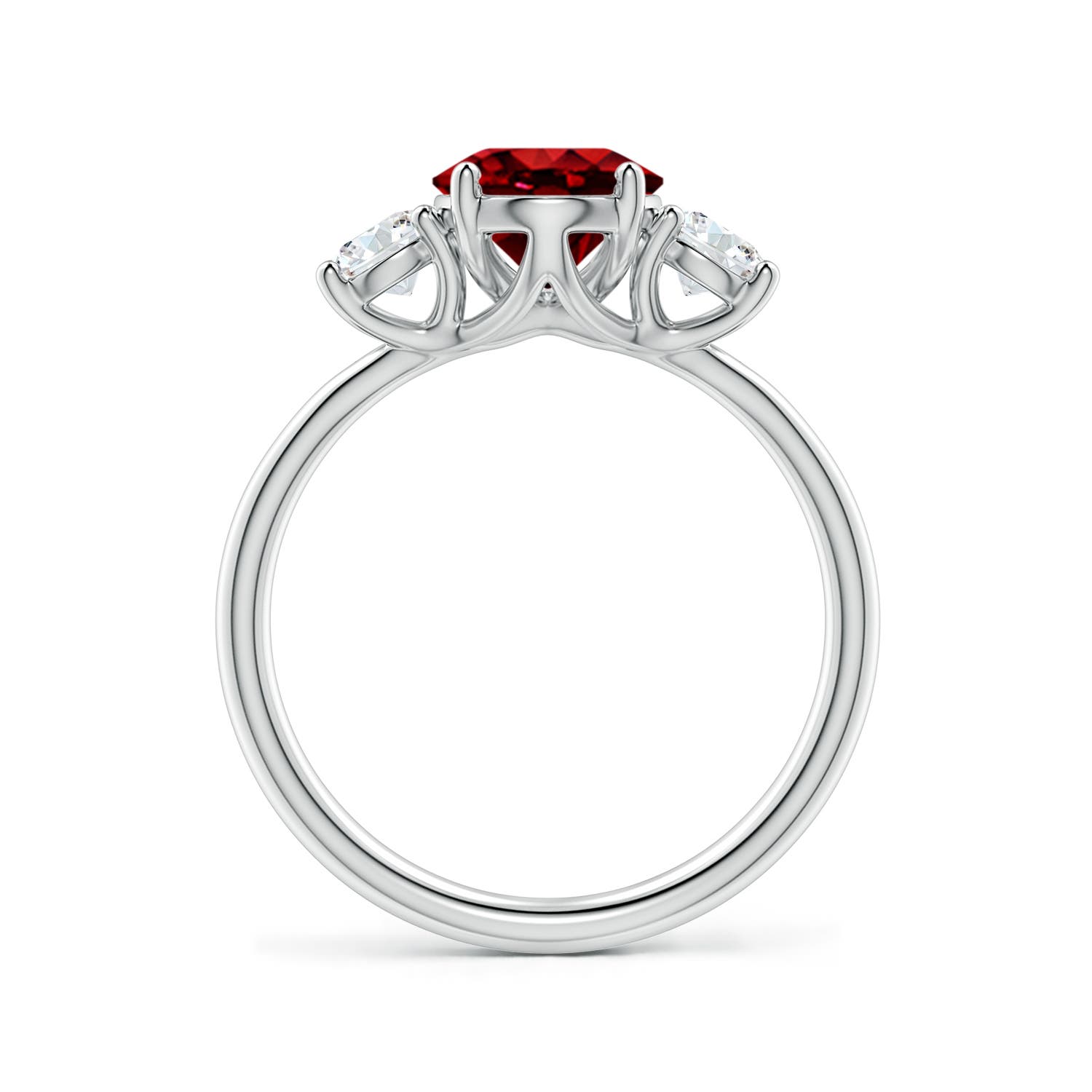 9x7mm Labgrown Lab-Grown Oval Ruby and Round Diamond Three-Stone Engagement Ring in White Gold