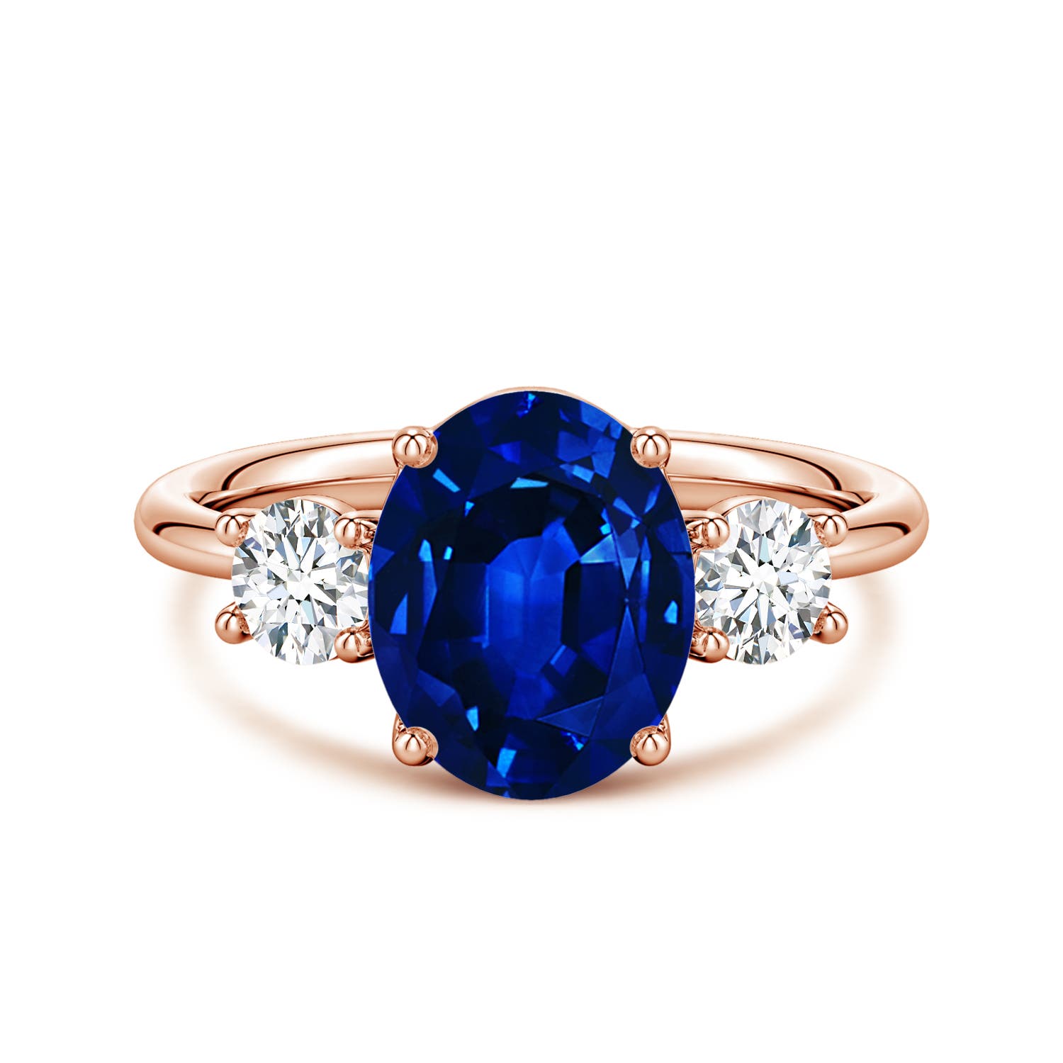 10x8mm Labgrown Lab-Grown Oval Blue Sapphire and Round Diamond Three-Stone Engagement Ring in 18K Rose Gold