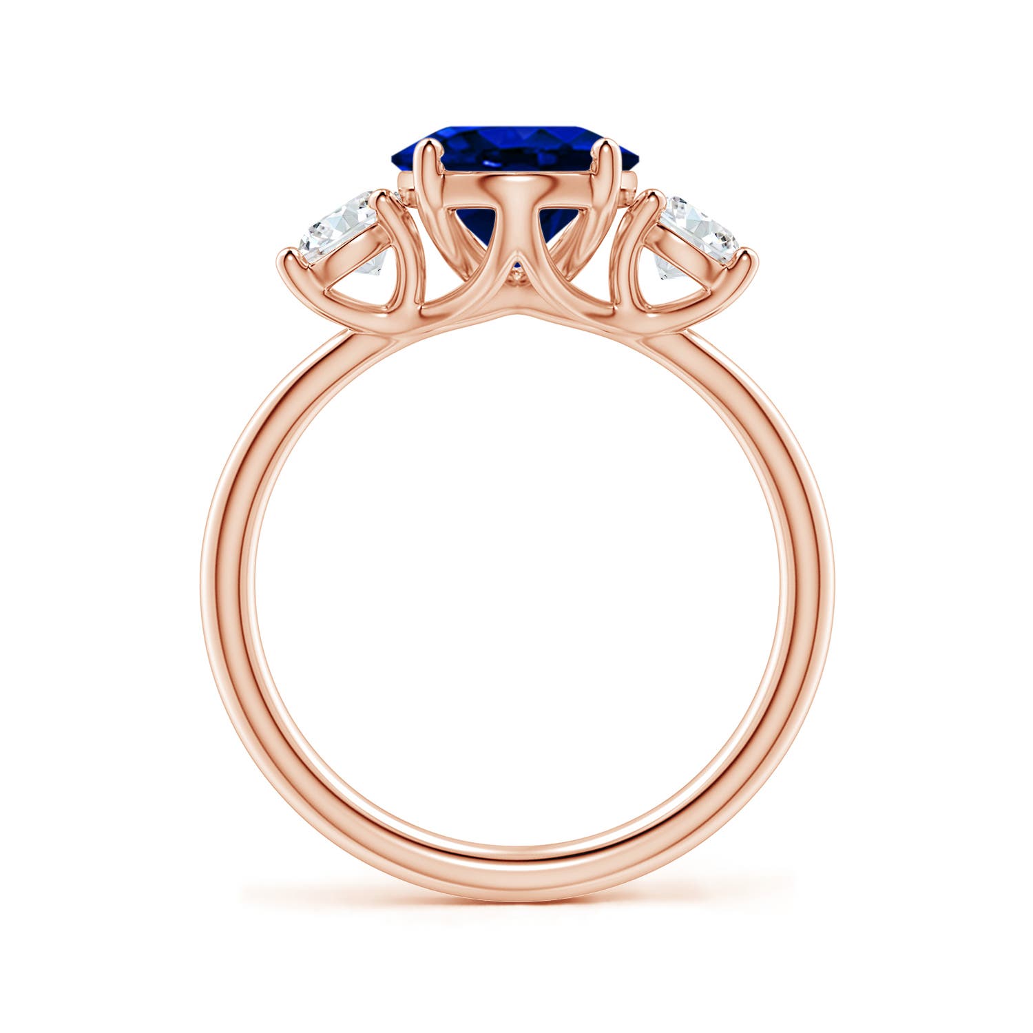 10x8mm Labgrown Lab-Grown Oval Blue Sapphire and Round Diamond Three-Stone Engagement Ring in 18K Rose Gold