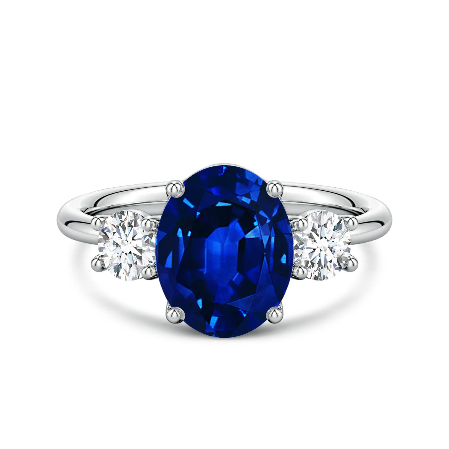10x8mm Labgrown Lab-Grown Oval Blue Sapphire and Round Diamond Three-Stone Engagement Ring in White Gold