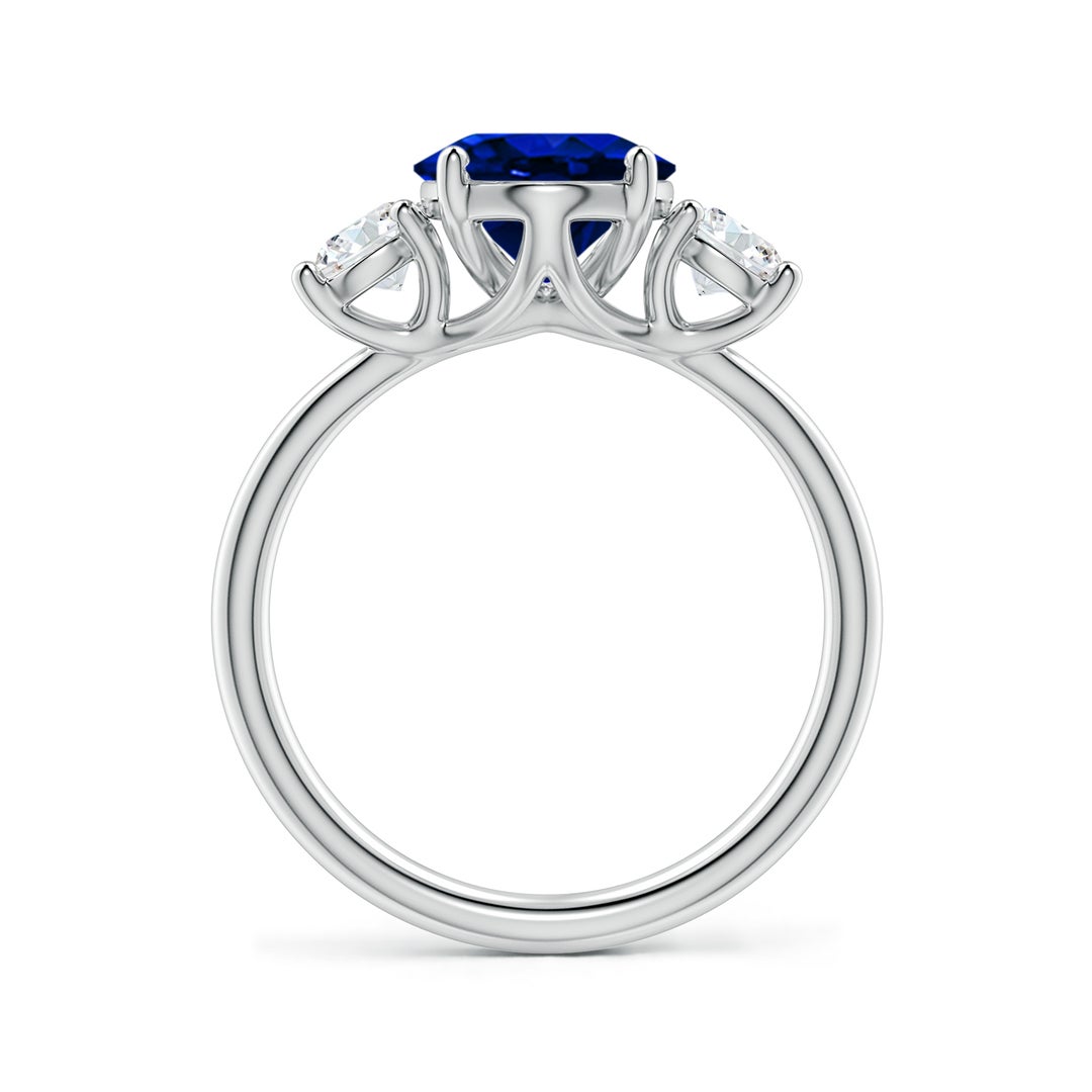 10x8mm Labgrown Lab-Grown Oval Blue Sapphire and Round Diamond Three-Stone Engagement Ring in White Gold - side 3