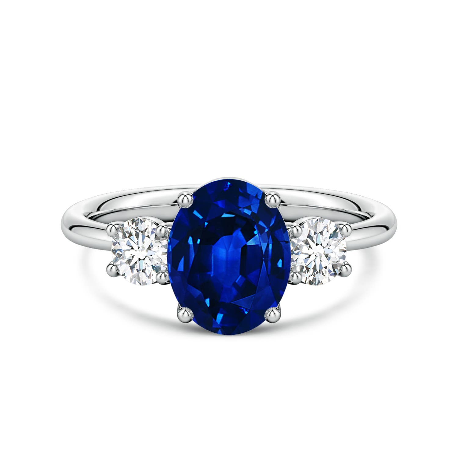 9x7mm Labgrown Lab-Grown Oval Blue Sapphire and Round Diamond Three-Stone Engagement Ring in 18K White Gold