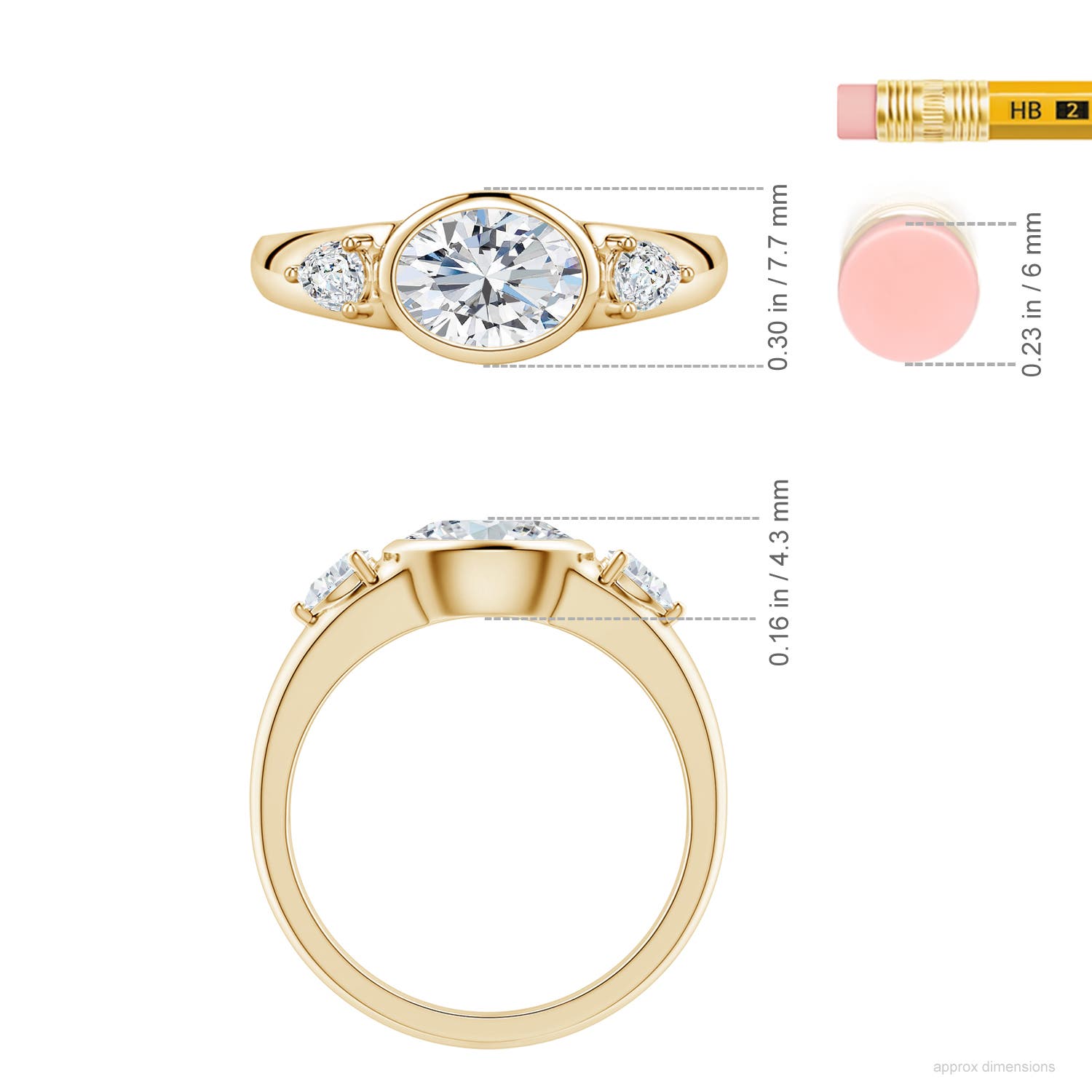 7.7x5.7mm FGVS East-West Oval and Pear Lab-Grown Diamond Three-Stone Engagement Ring in Yellow Gold - ruler