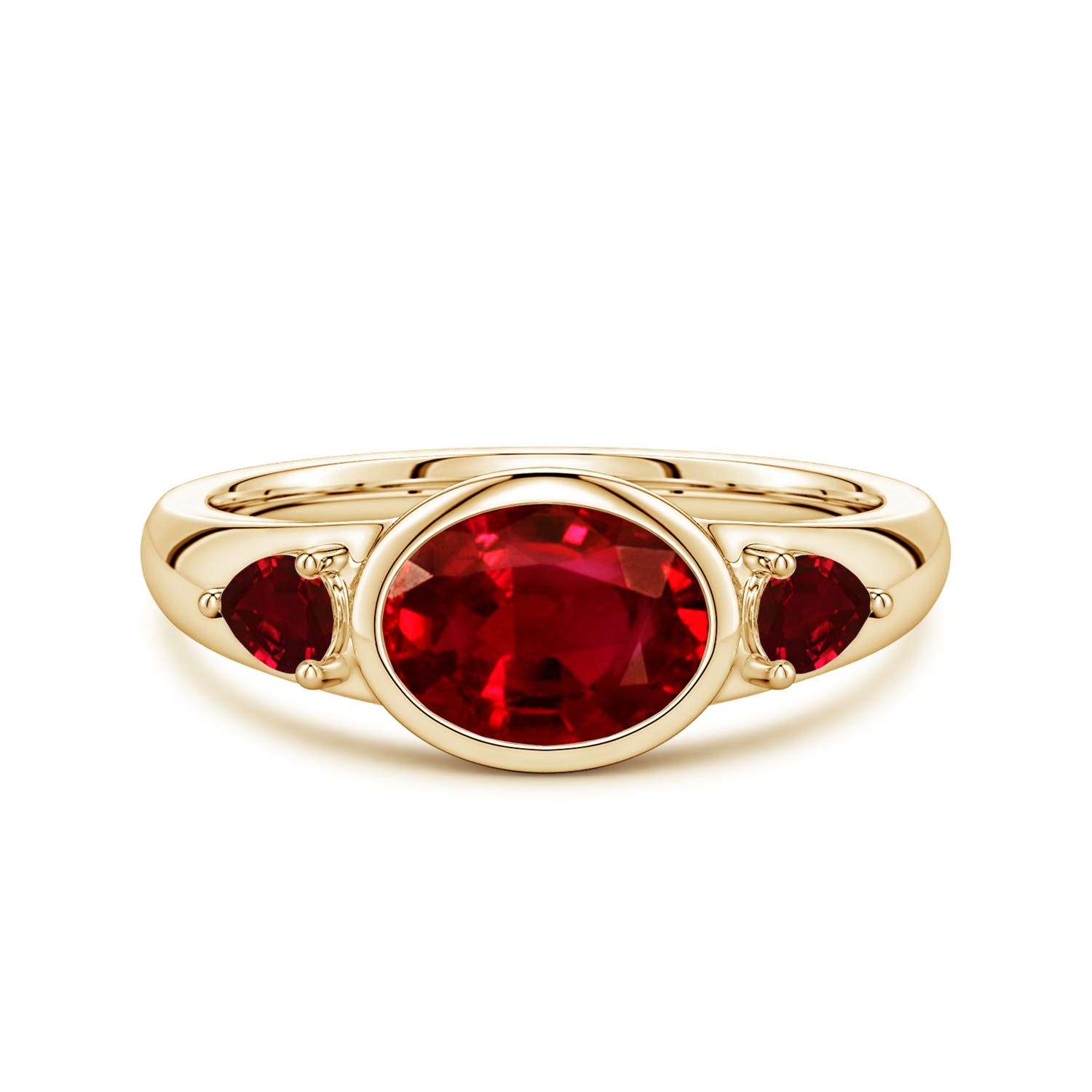 8x6mm Labgrown East-West Oval and Pear Lab-Grown Ruby Three-Stone Engagement Ring in 18CT Yellow Gold