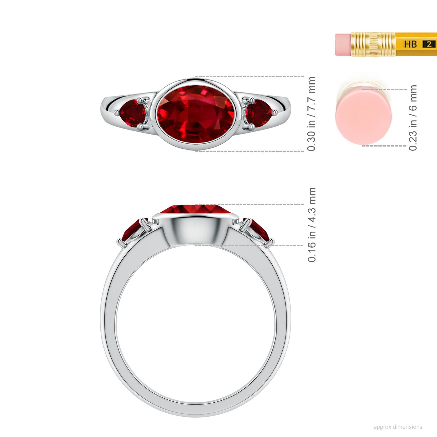8x6mm Labgrown East-West Oval and Pear Lab-Grown Ruby Three-Stone Engagement Ring in White Gold - ruler