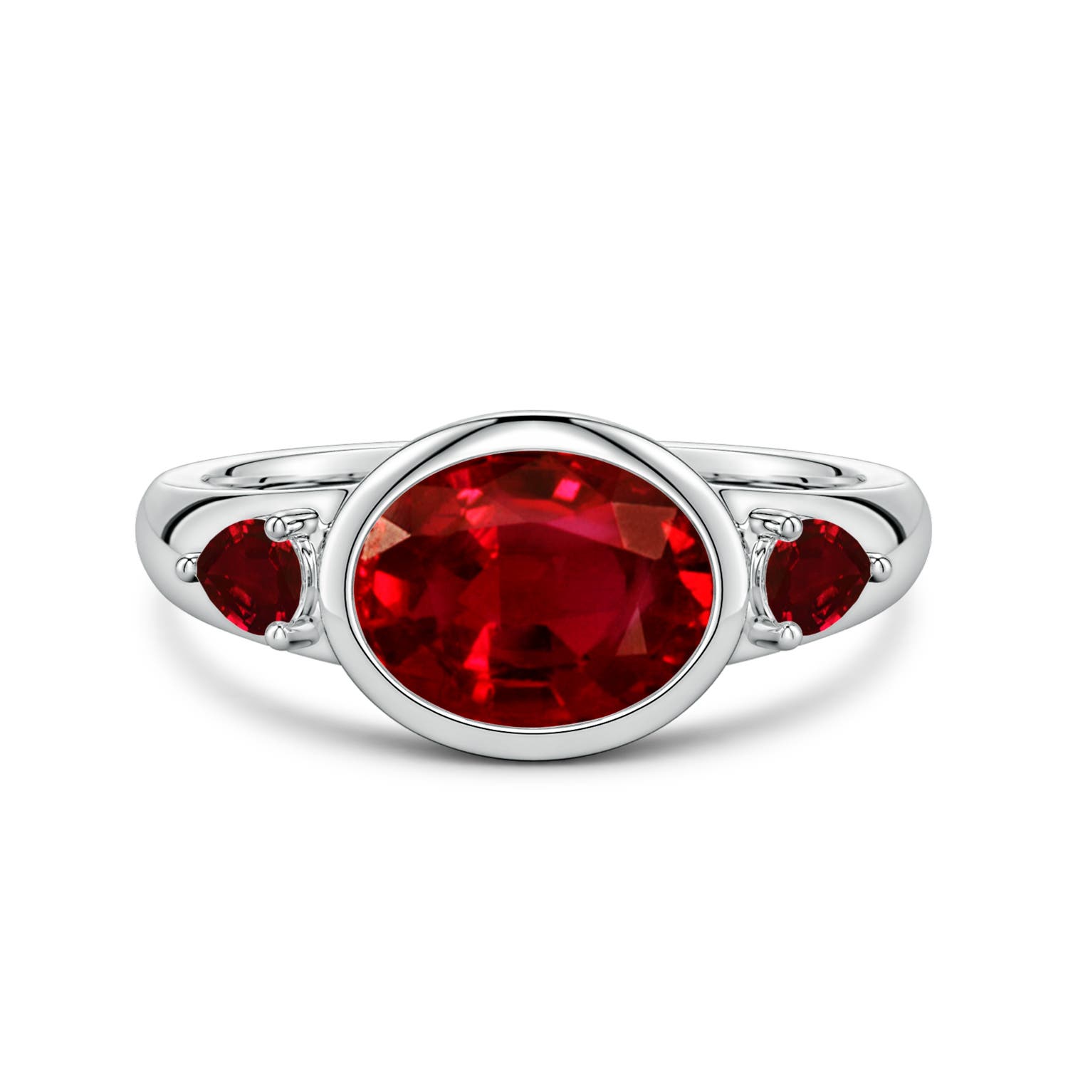 9x7mm Labgrown East-West Oval and Pear Lab-Grown Ruby Three-Stone Engagement Ring in White Gold