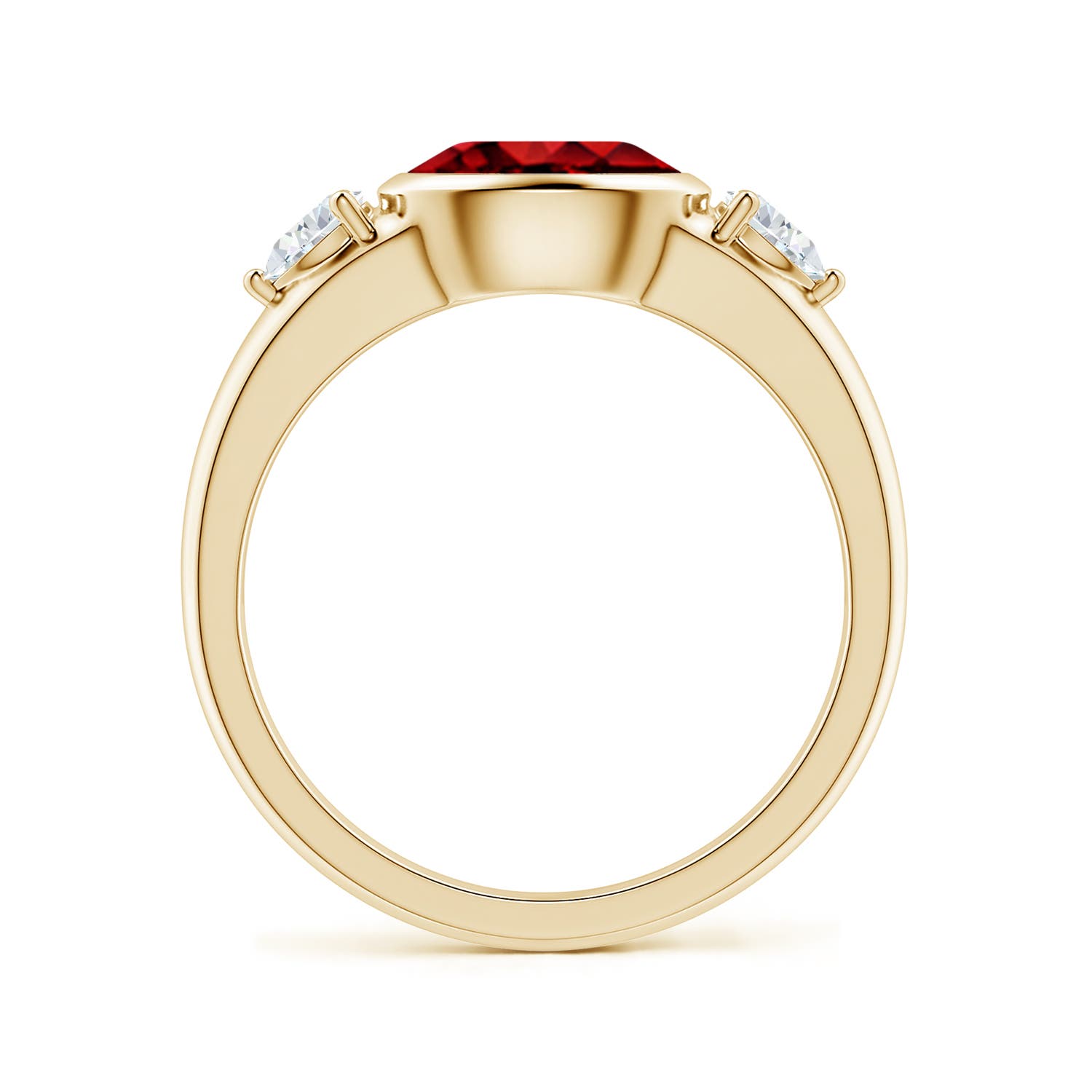8x6mm Labgrown Lab-Grown East-West Oval Ruby and Pear Diamond Three-Stone Engagement Ring in 18K Yellow Gold