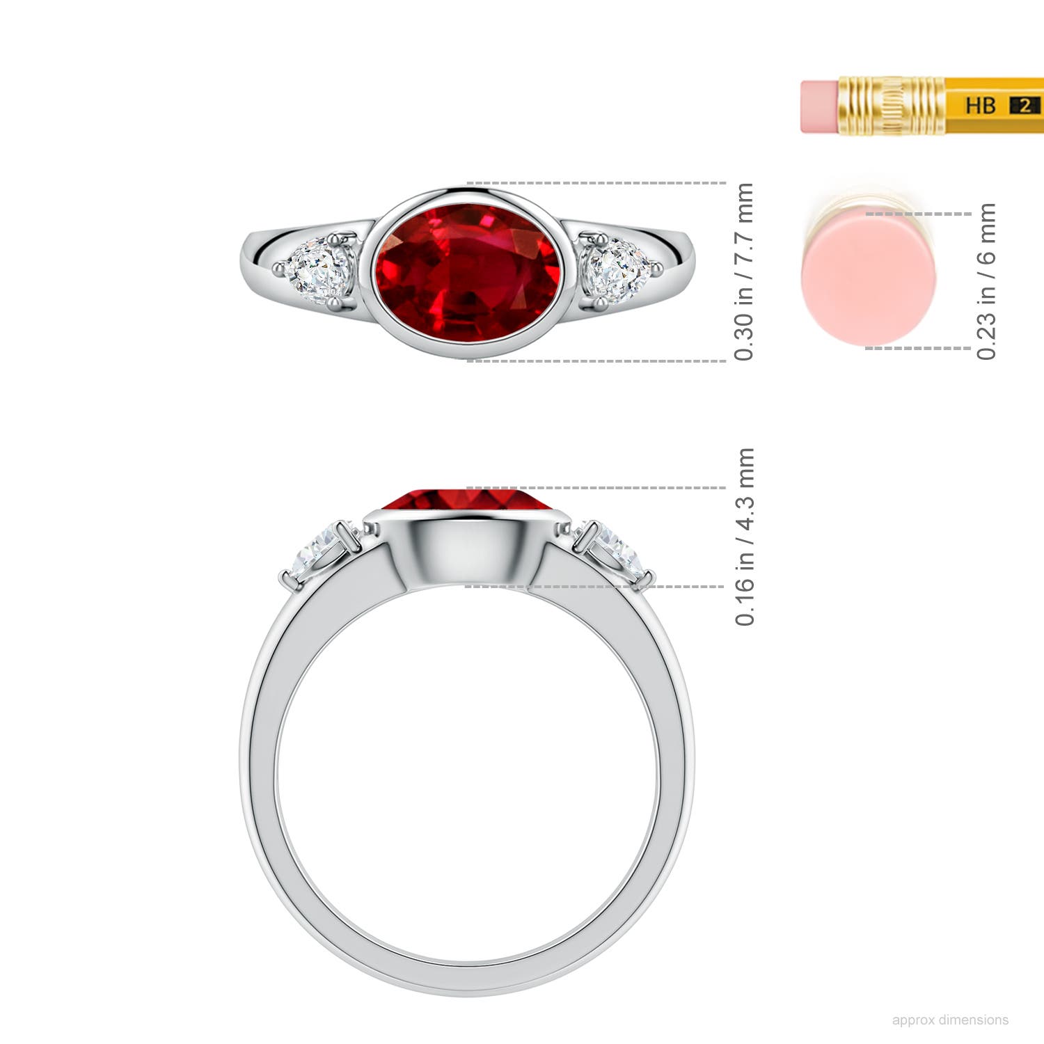 8x6mm Labgrown Lab-Grown East-West Oval Ruby and Pear Diamond Three-Stone Engagement Ring in White Gold - ruler
