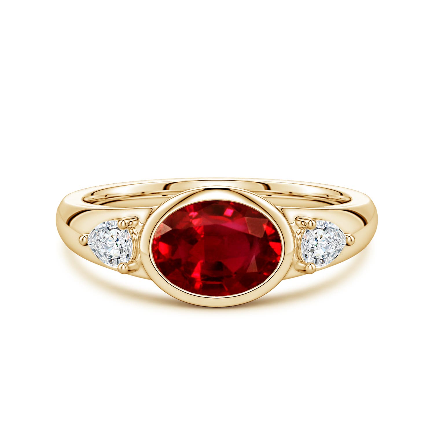 8x6mm Labgrown Lab-Grown East-West Oval Ruby and Pear Diamond Three-Stone Engagement Ring in Yellow Gold
