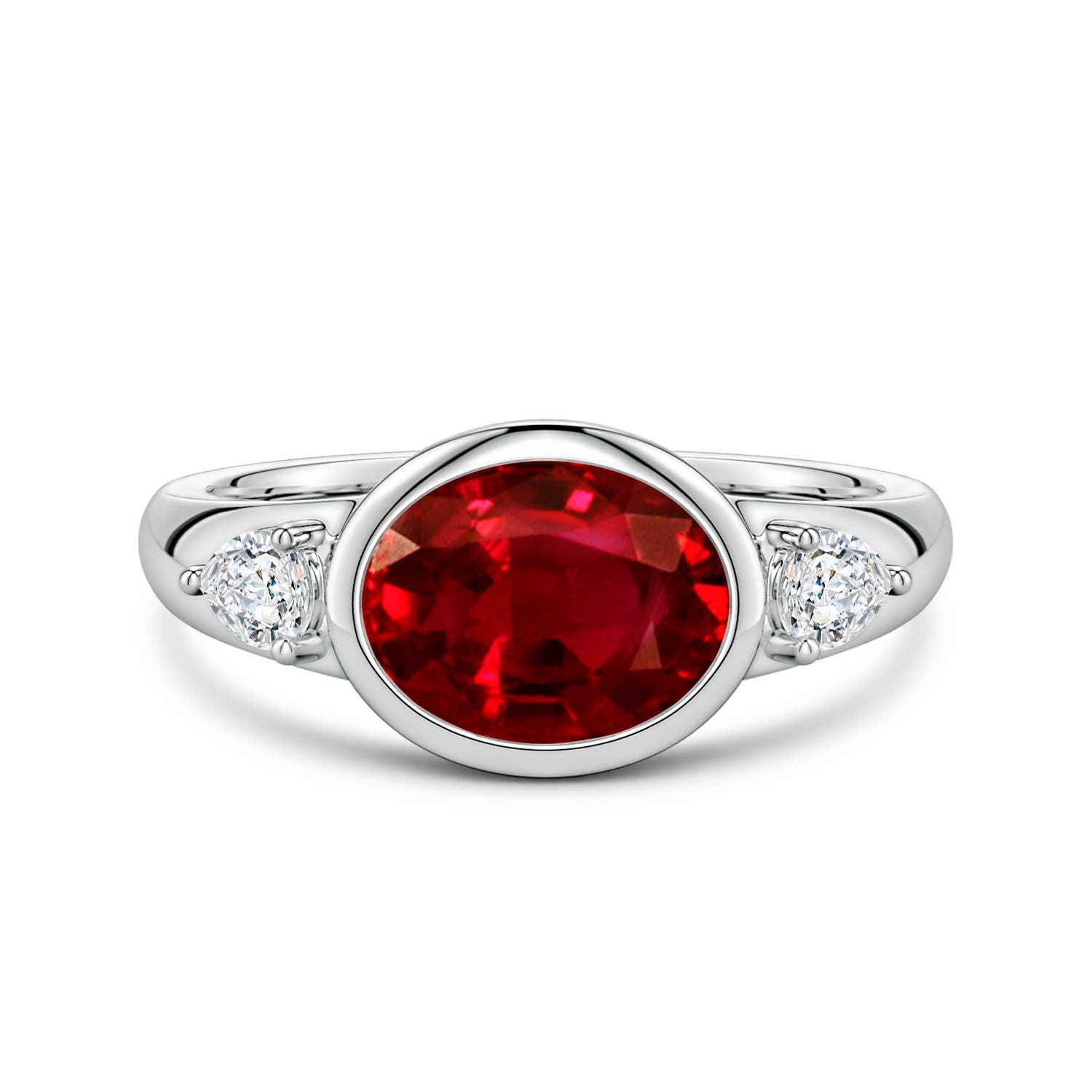 9x7mm Labgrown Lab-Grown East-West Oval Ruby and Pear Diamond Three-Stone Engagement Ring in White Gold