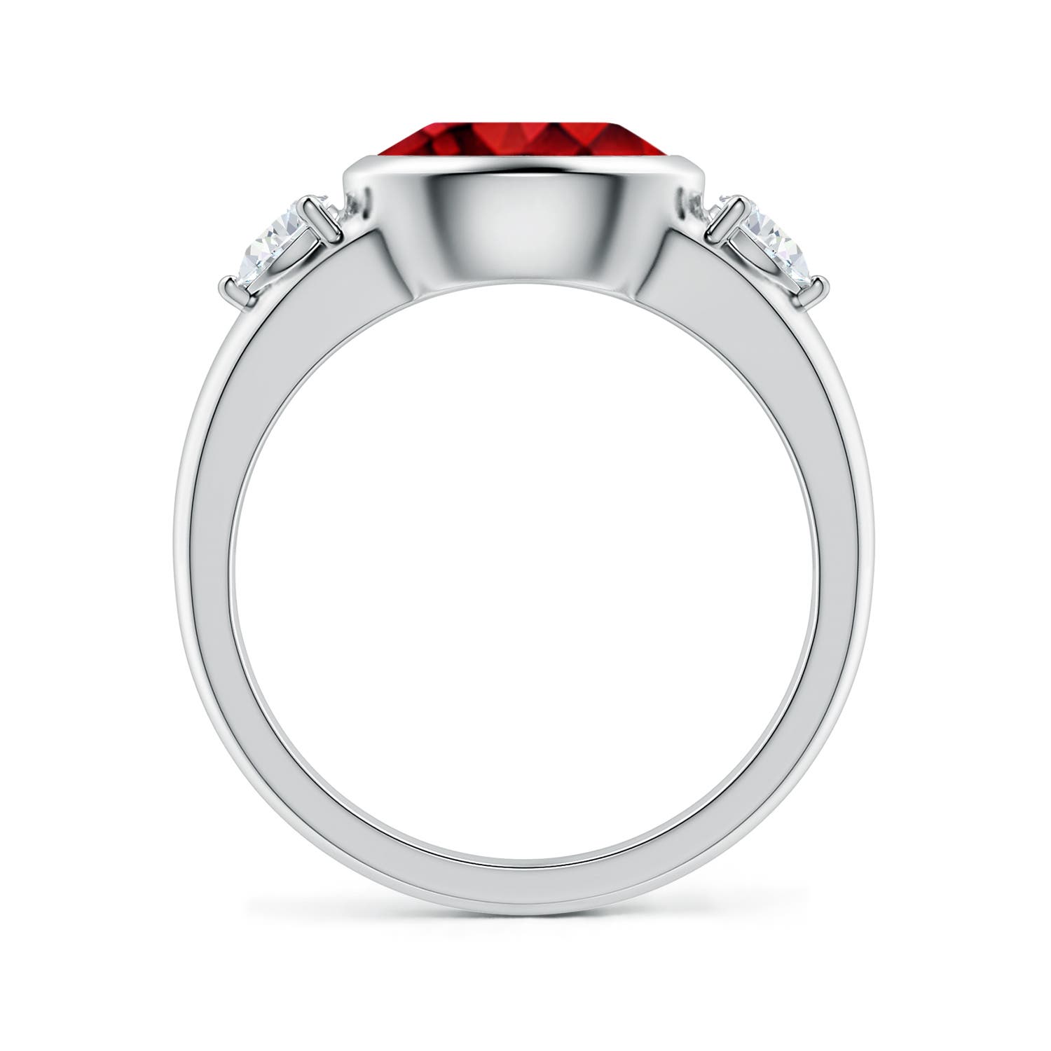 9x7mm Labgrown Lab-Grown East-West Oval Ruby and Pear Diamond Three-Stone Engagement Ring in White Gold