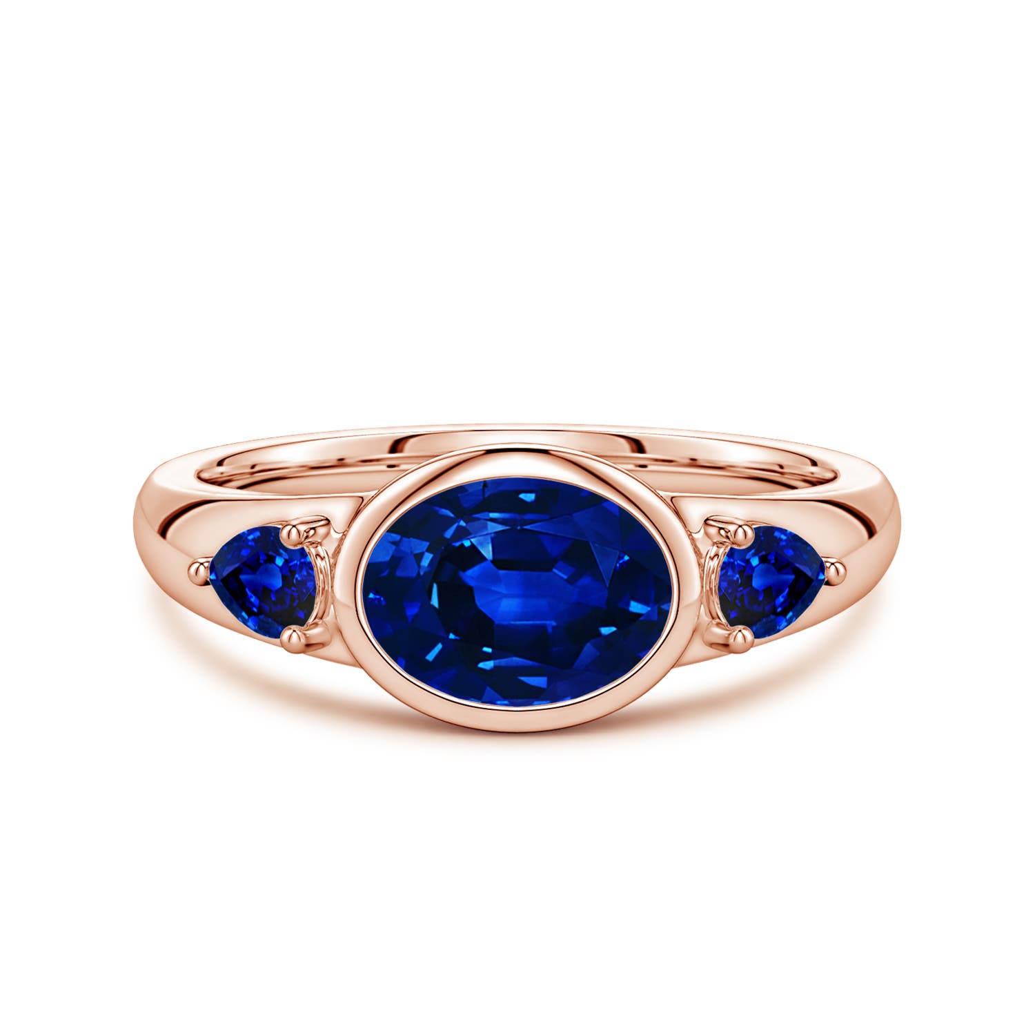 8x6mm Labgrown East-West Oval and Pear Lab-Grown Blue Sapphire Three-Stone Engagement Ring in 18K Rose Gold