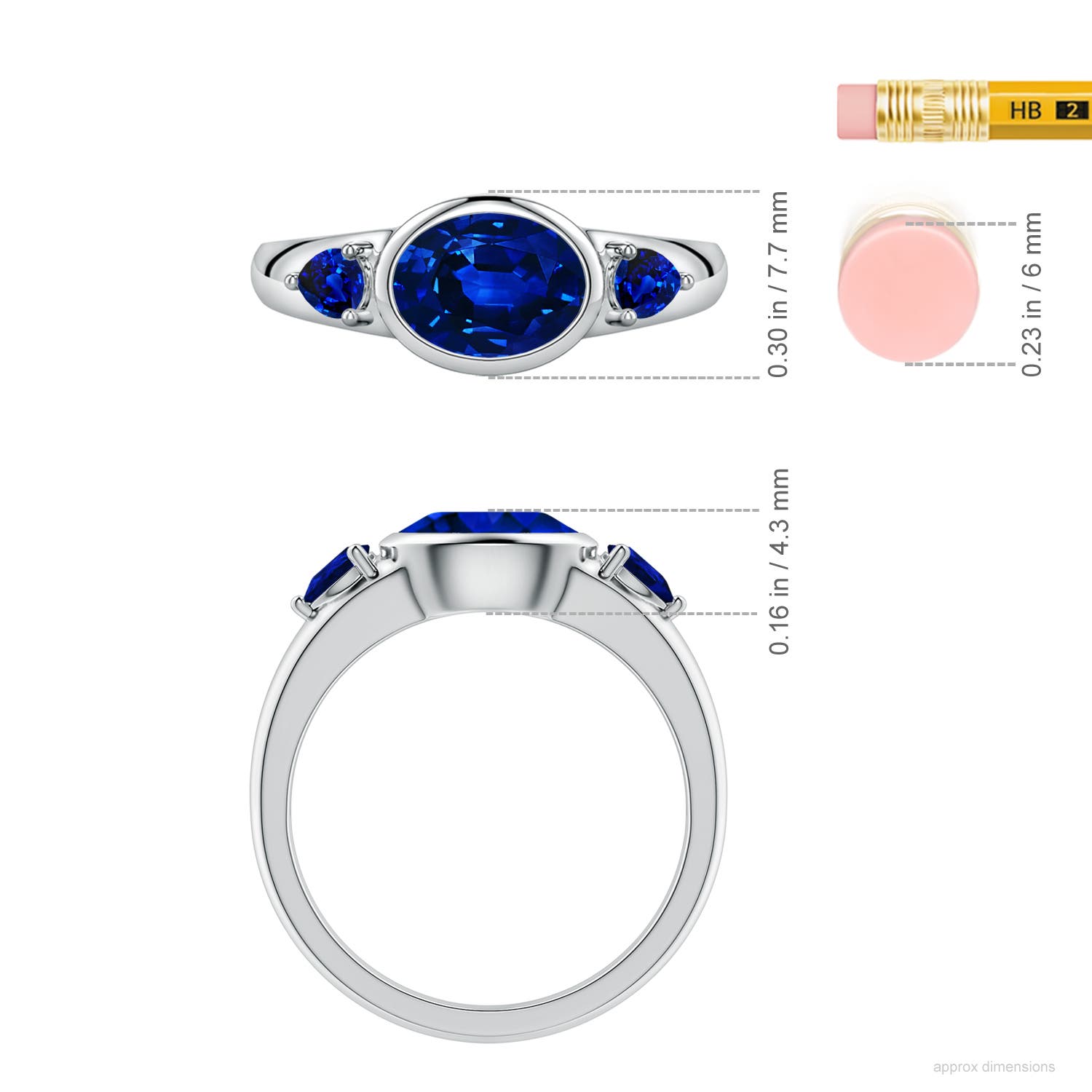 8x6mm Labgrown East-West Oval and Pear Lab-Grown Blue Sapphire Three-Stone Engagement Ring in White Gold - ruler