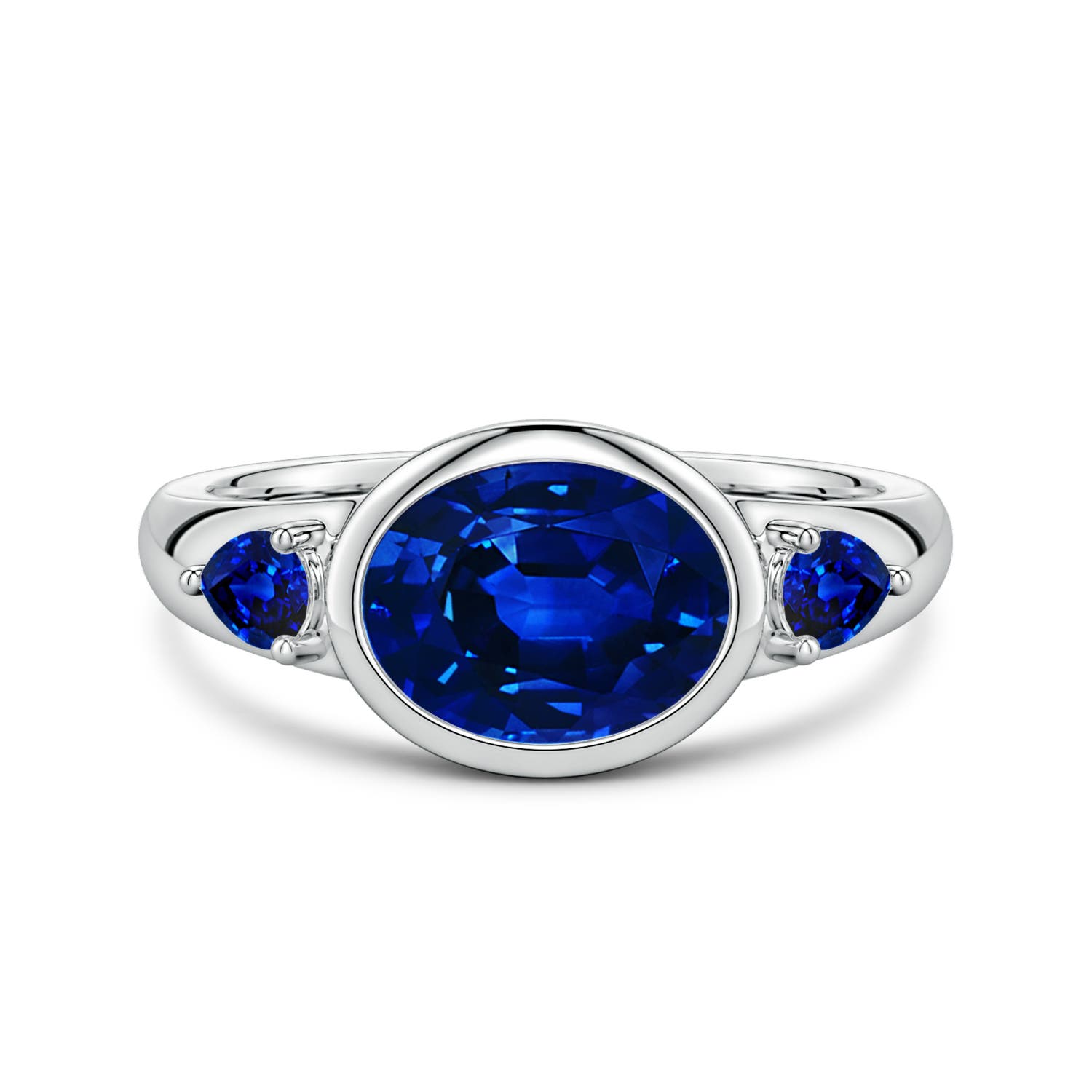 9x7mm Labgrown East-West Oval and Pear Lab-Grown Blue Sapphire Three-Stone Engagement Ring in White Gold