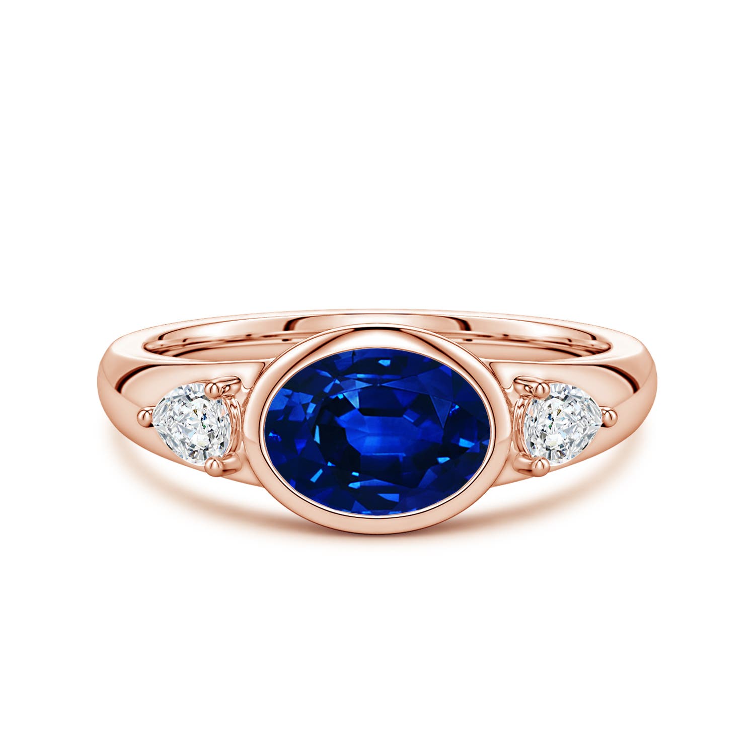 8x6mm Labgrown Lab-Grown East-West Oval Blue Sapphire and Pear Diamond Three-Stone Engagement Ring in 18K Rose Gold