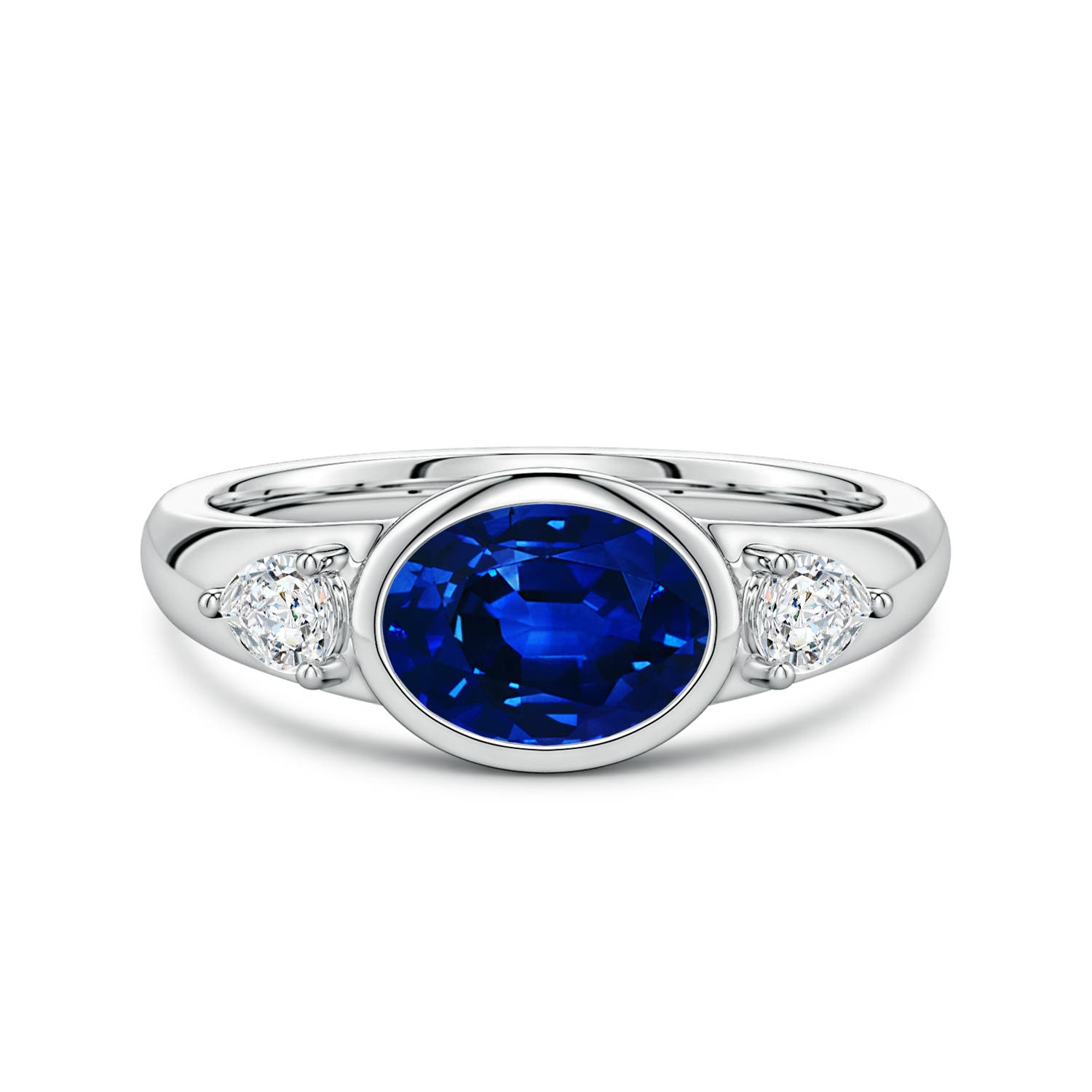 8x6mm Labgrown Lab-Grown East-West Oval Blue Sapphire and Pear Diamond Three-Stone Engagement Ring in 18K White Gold