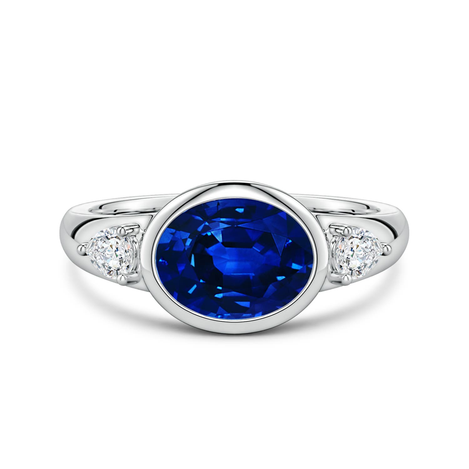 9x7mm Labgrown Lab-Grown East-West Oval Blue Sapphire and Pear Diamond Three-Stone Engagement Ring in White Gold