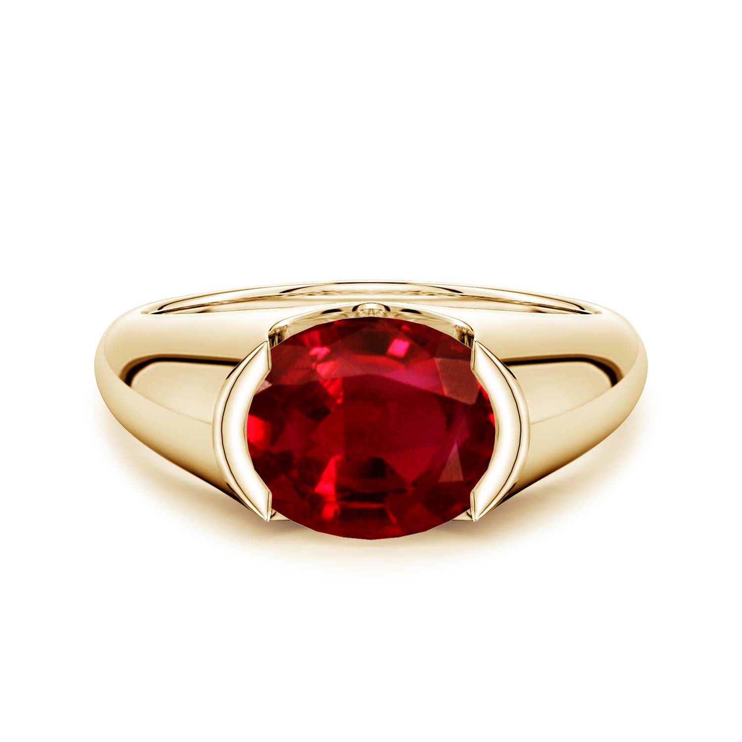 10x8mm Labgrown Semi Bezel-Set Oval Lab-Grown Ruby Signet Engagement Ring in Yellow Gold
