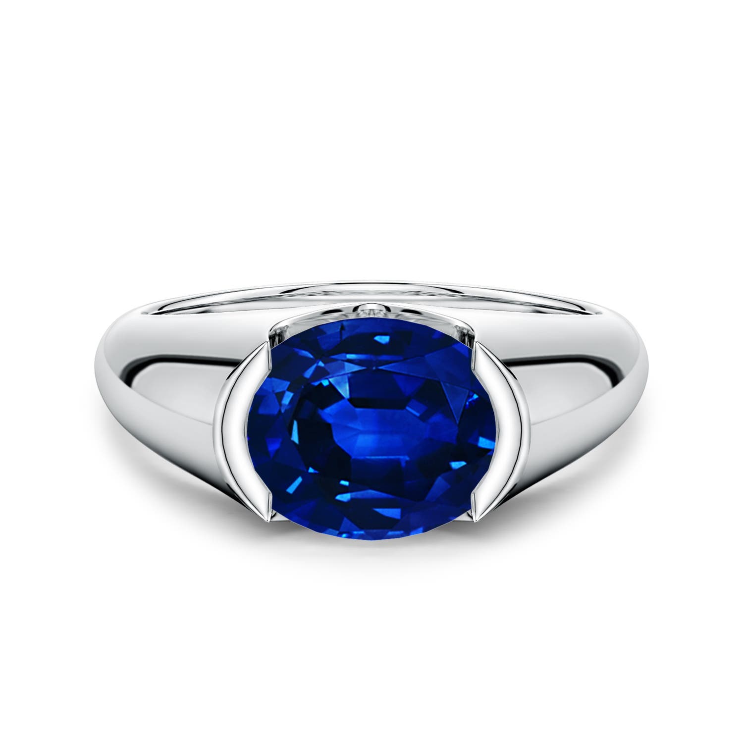 10x8mm Labgrown Semi Bezel-Set Oval Lab-Grown Blue Sapphire Signet Engagement Ring in 18K White Gold
