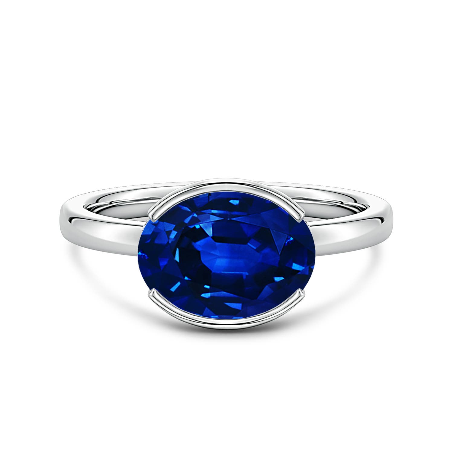 10x8mm Labgrown Semi Bezel-Set Oval Lab-Grown Blue Sapphire Hidden Halo Engagement Ring in 18K White Gold
