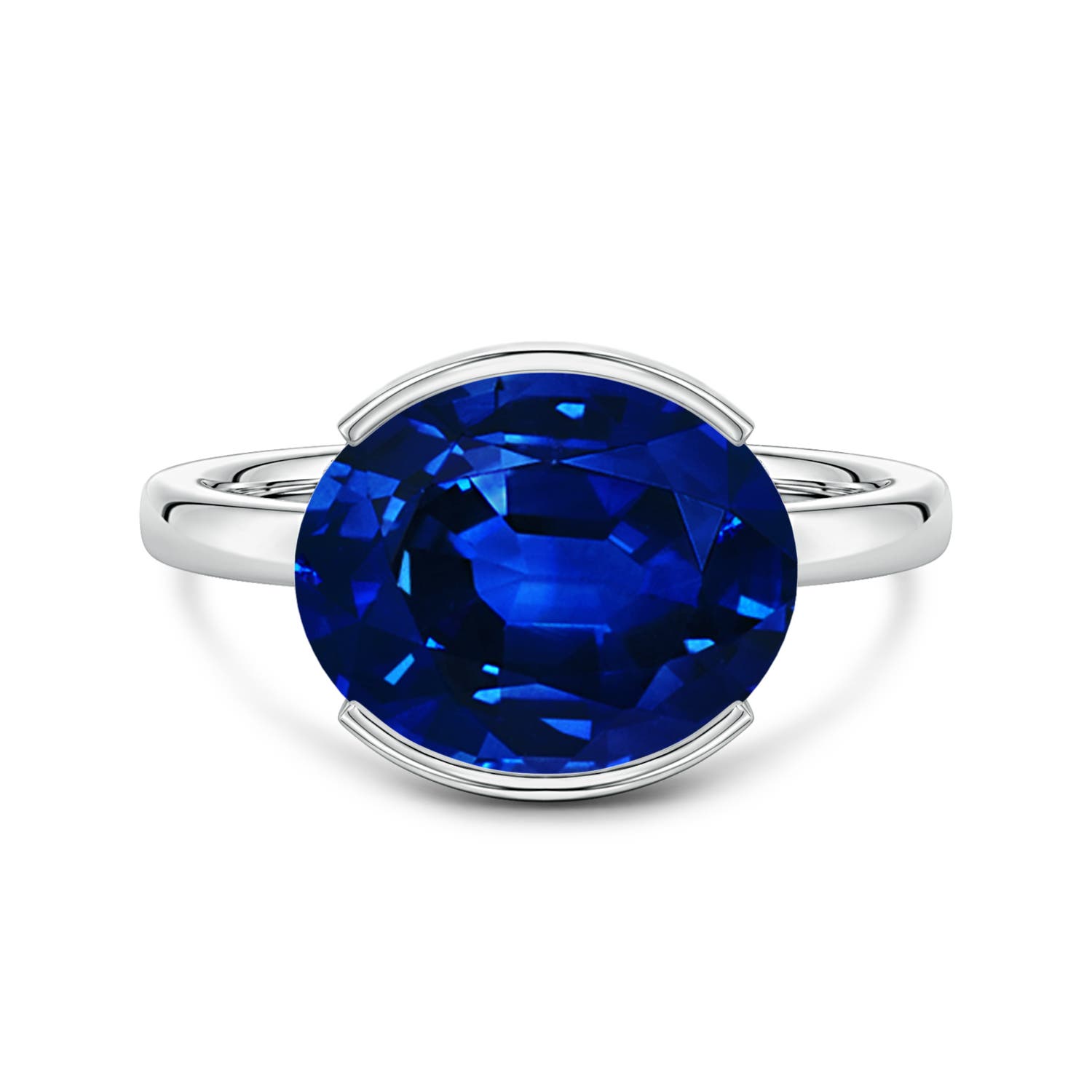 12x10mm Labgrown Semi Bezel-Set Oval Lab-Grown Blue Sapphire Hidden Halo Engagement Ring in White Gold