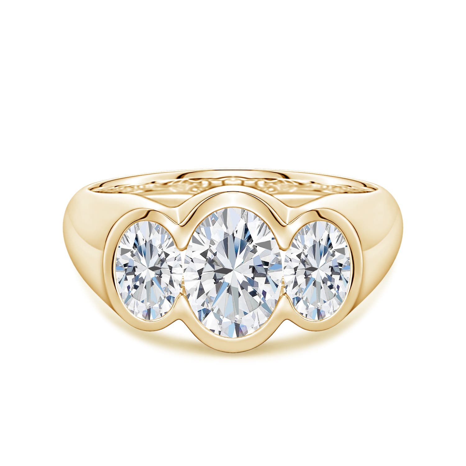 7.7x5.7mm FGVS Flush-Set Oval Lab-Grown Diamond Three-Stone Engagement Ring in Yellow Gold