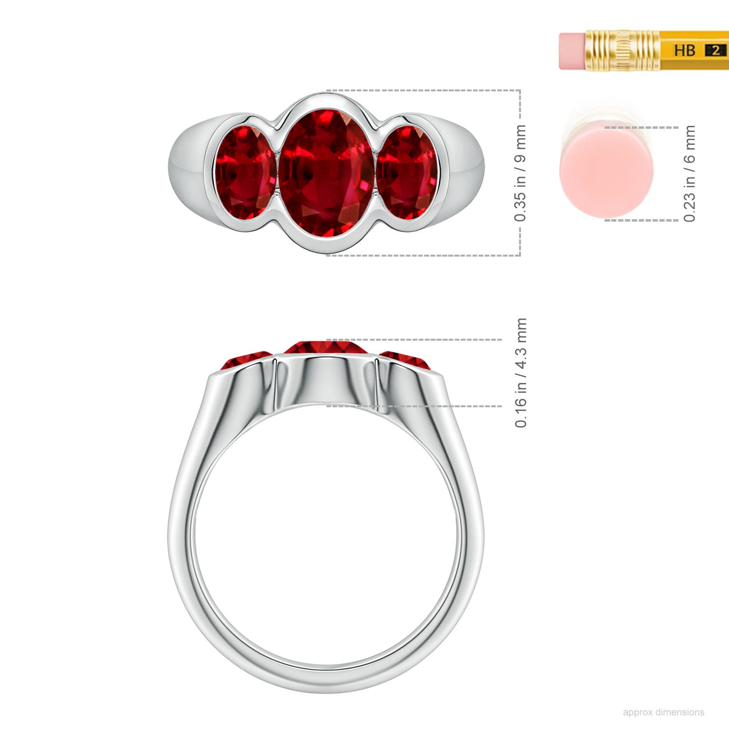 置物 Ruby Flush-Set Oval Lab-Grown Ruby Three-Stone Engagement Ring