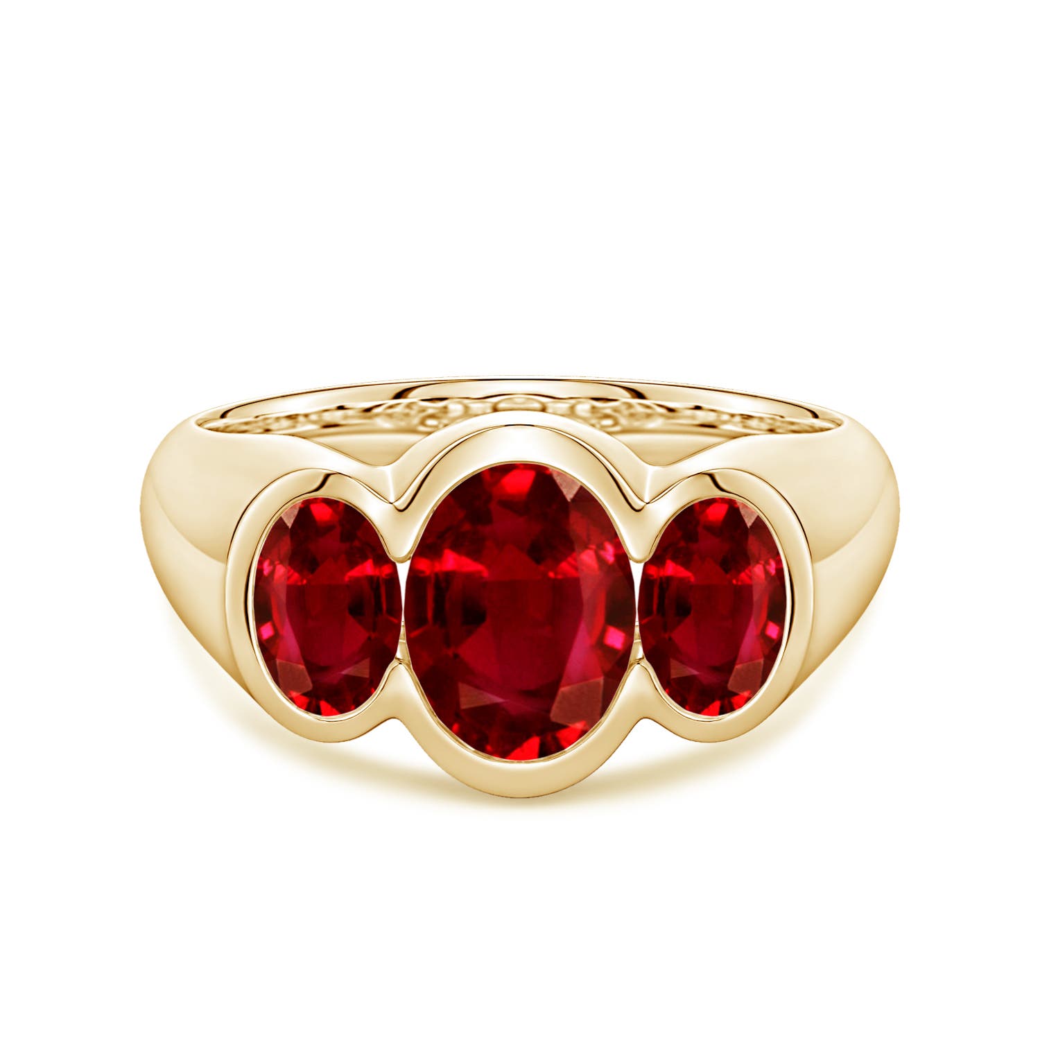 8x6mm Labgrown Flush-Set Oval Lab-Grown Ruby Three-Stone Engagement Ring in Yellow Gold