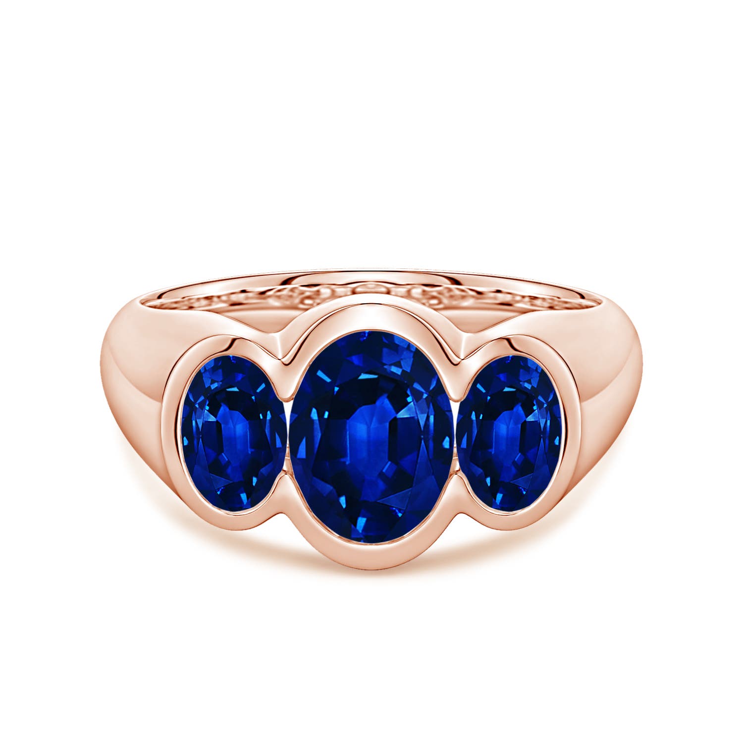 8x6mm Labgrown Flush-Set Oval Lab-Grown Blue Sapphire Three-Stone Engagement Ring in 18K Rose Gold