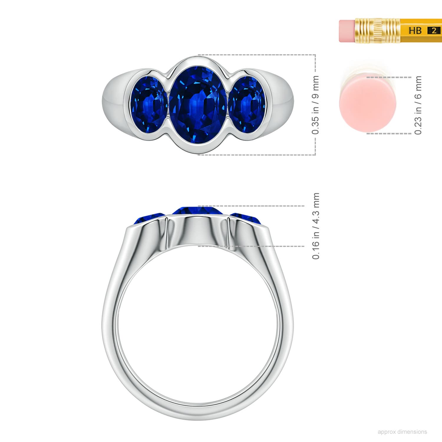 8x6mm Labgrown Flush-Set Oval Lab-Grown Blue Sapphire Three-Stone Engagement Ring in White Gold - ruler