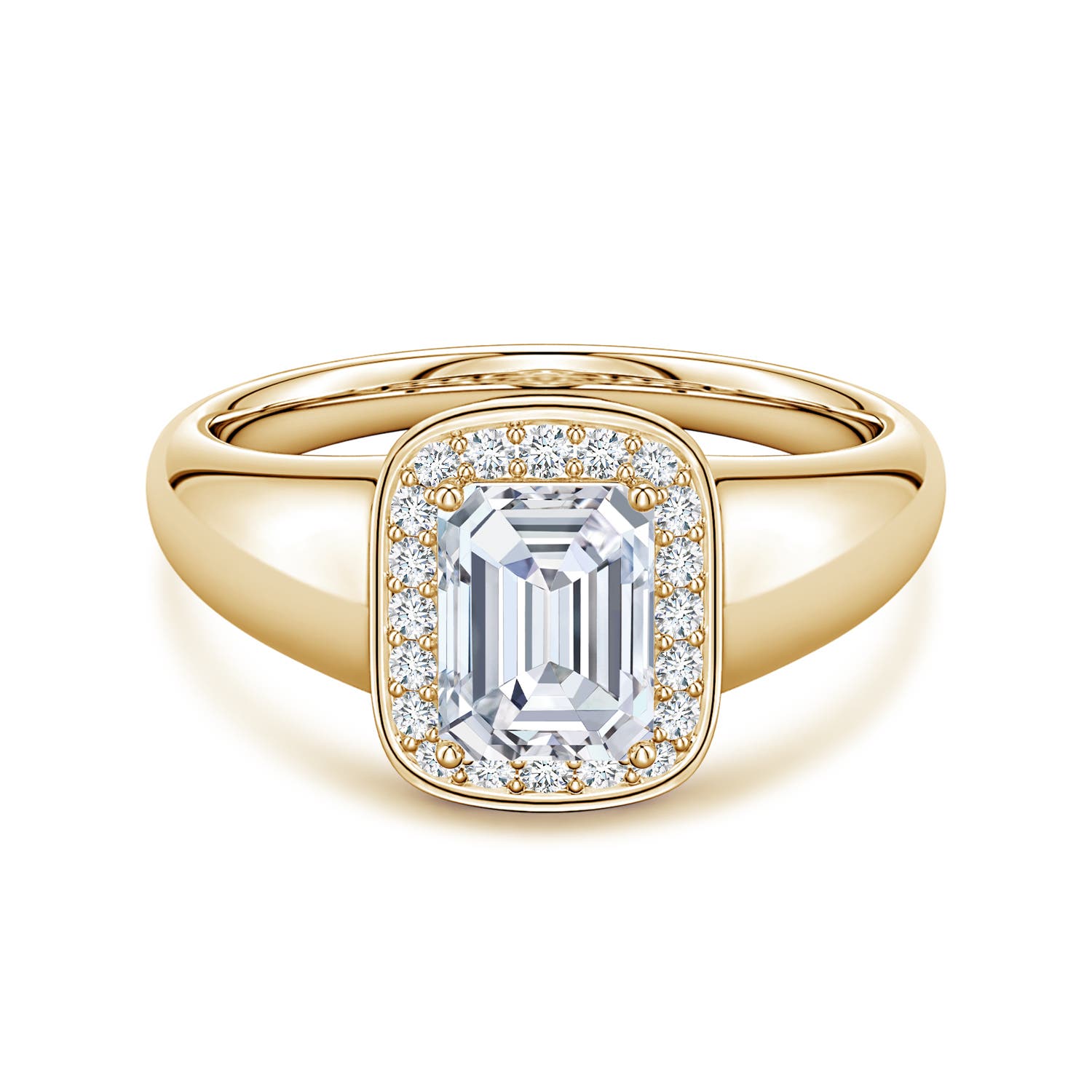 7x5mm FGVS Emerald-Cut Lab-Grown Diamond Signet Halo Engagement Ring in Yellow Gold