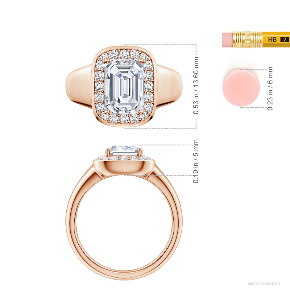 9.10x6.45mm FGVS Emerald-Cut Lab-Grown Diamond Signet Halo Engagement Ring in Rose Gold ruler