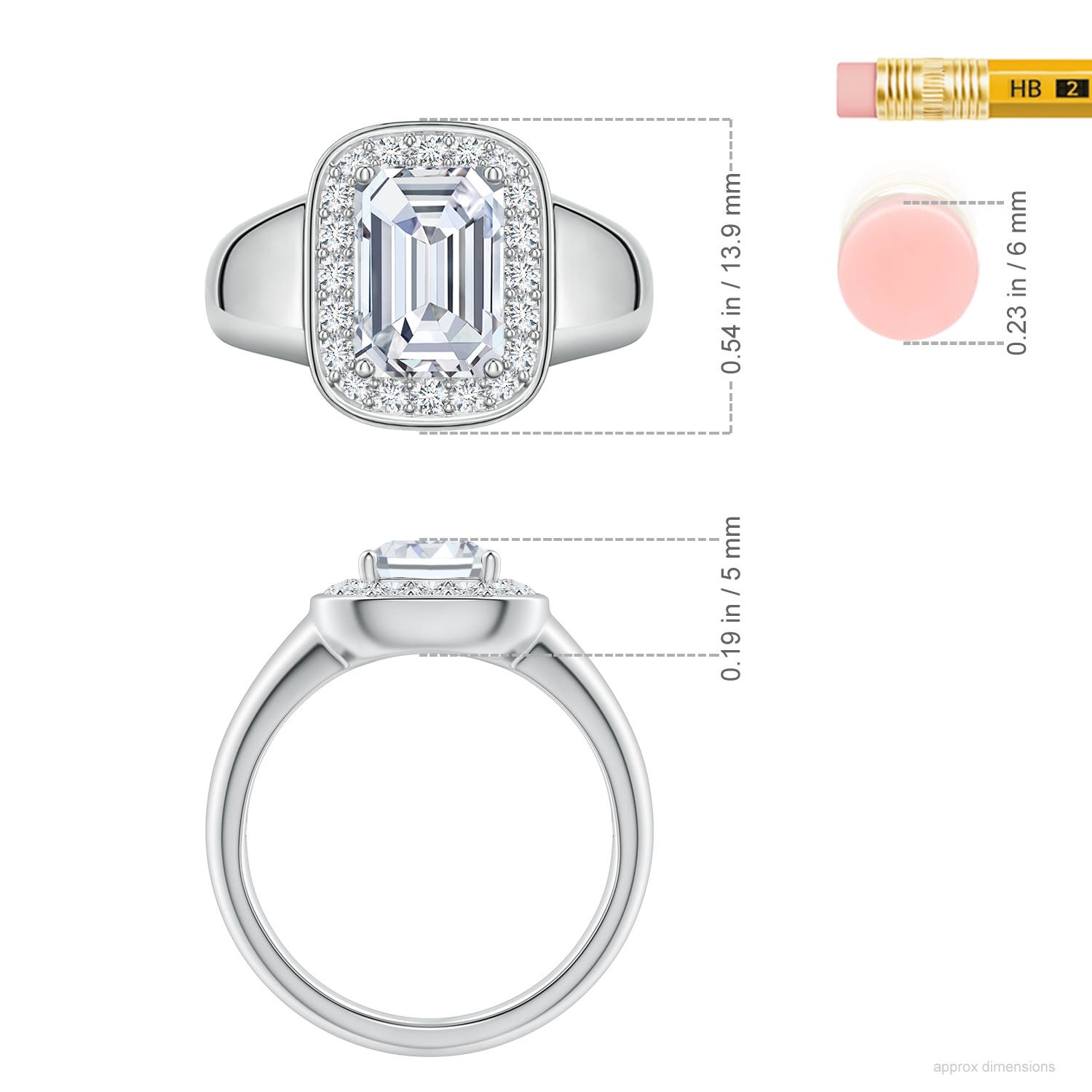 9.10x6.45mm FGVS Emerald-Cut Lab-Grown Diamond Signet Halo Engagement Ring in White Gold - ruler