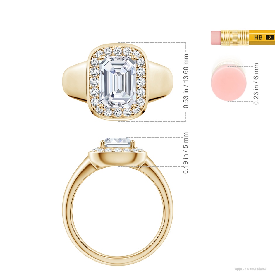 9.10x6.45mm FGVS Emerald-Cut Lab-Grown Diamond Signet Halo Engagement Ring in Yellow Gold ruler